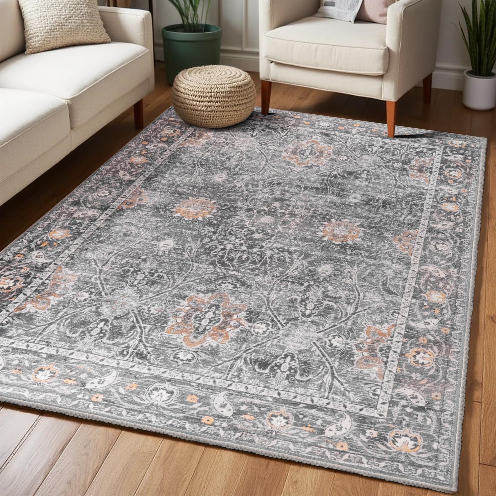 Washable Area Rugs Door Mat Entryway Vintage Floral Non-Slip Low Pile Entrance Thin Rug Carpet for Kitchen Bathroom Living Room Pink