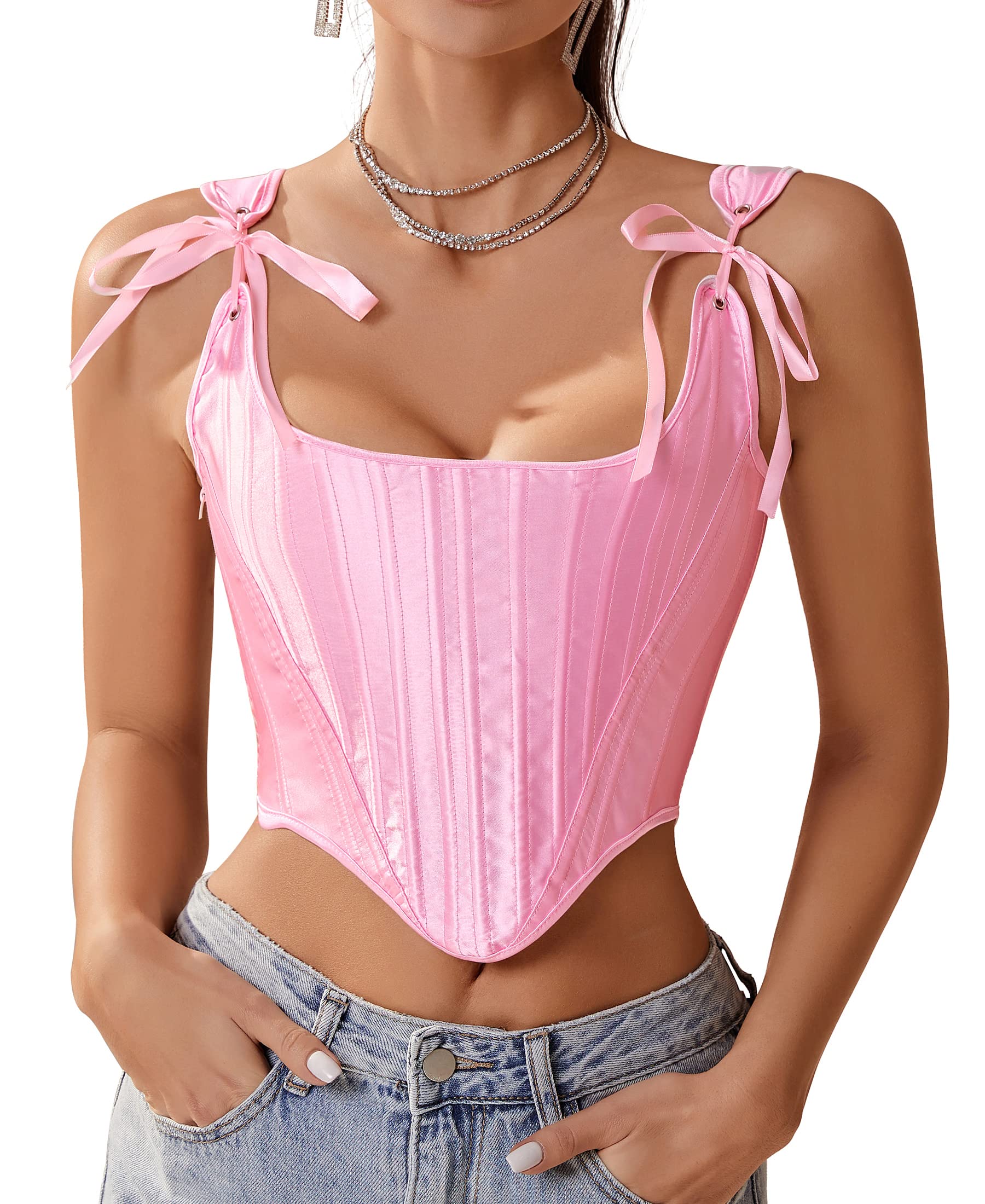 Womens Vintage Asymmetrical Hem Overbust Corset Tie Front Lace-up Back Bustier Shapewear Top