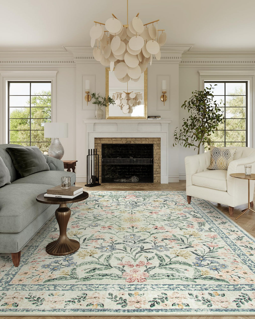 Machine Washable Boho Soft Floral Carpet Non Slip, Indoor Ultra-Thin Floor Carpet for Kid Room Living Room Dorm