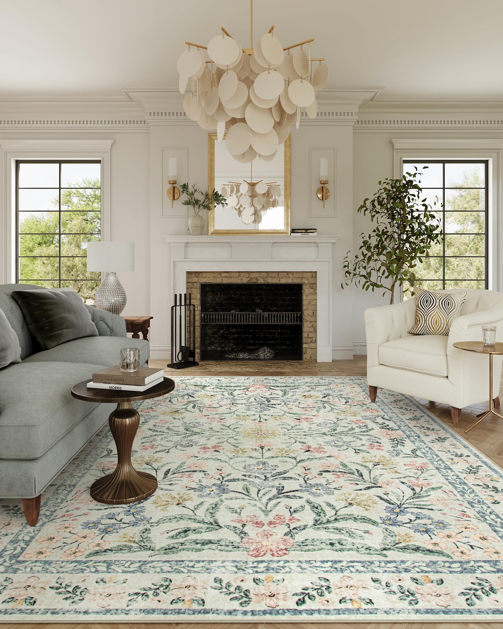 Machine Washable Boho Soft Floral Carpet Non Slip, Indoor Ultra-Thin Floor Carpet for Kid Room Living Room Dorm