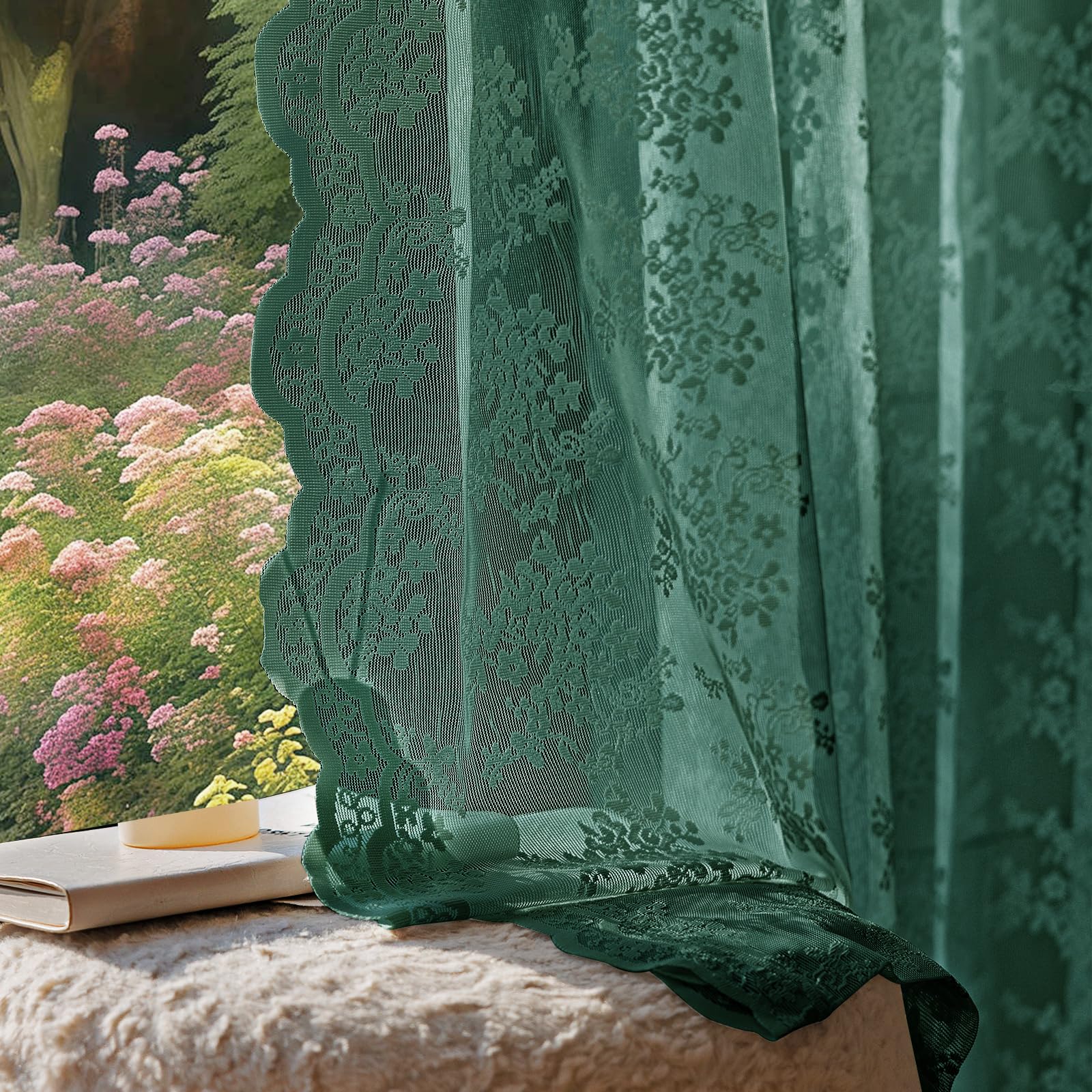 Vintage Lace Curtains, Romantic Semi Sheer Floral Lacy Curtains with Bow Curtain Ties