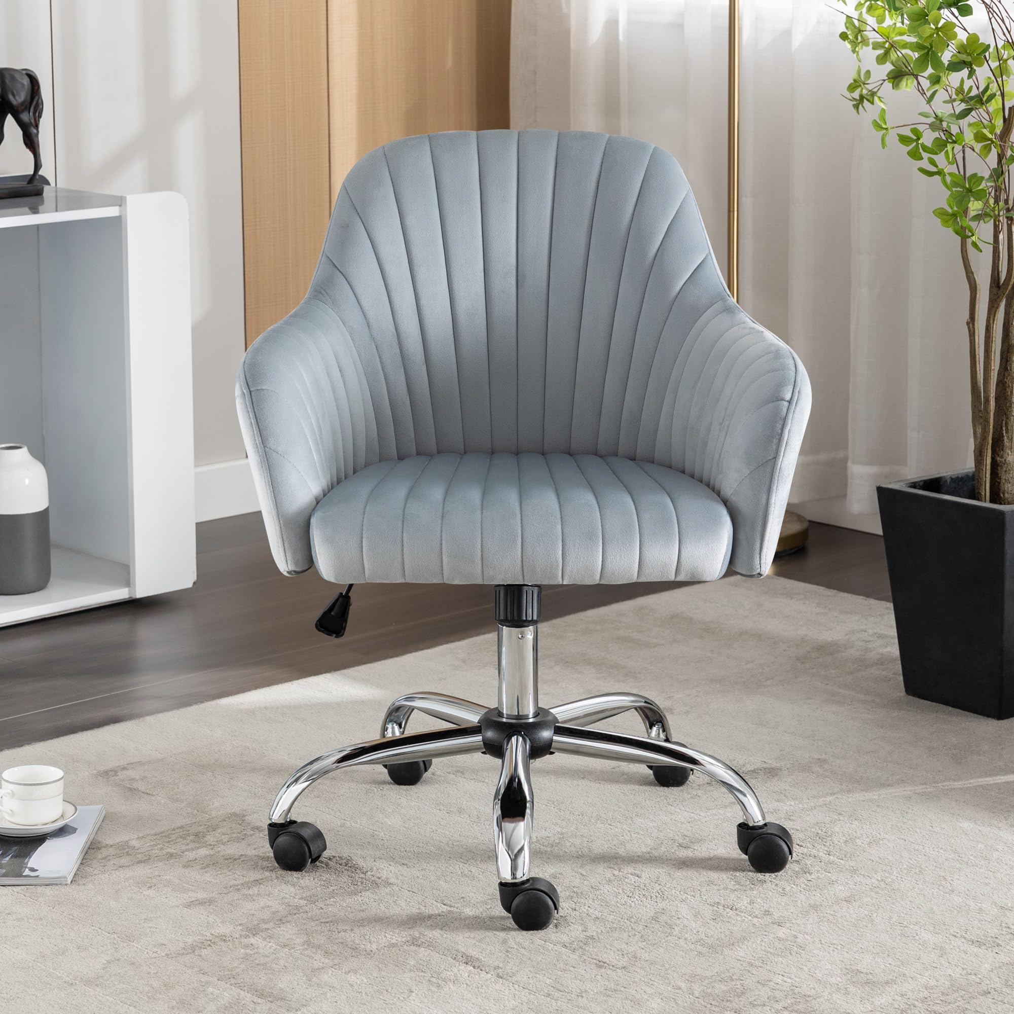 Modern Vanity Velvet Adjustable Low Back Rolling Chair, Twill Upholstered Cute Chair with Wheels