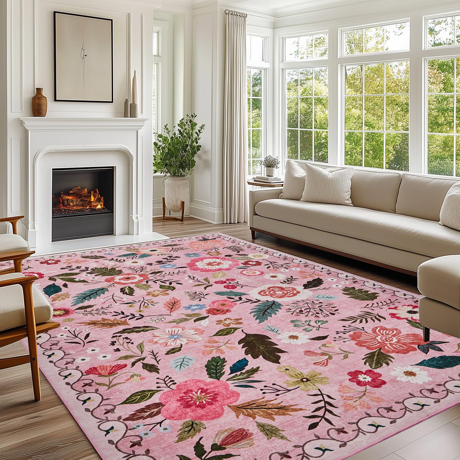 Boho Floral Vintage Rug for Home Washable Rugs Soft Low Pile, Non Slip Non-Shedding