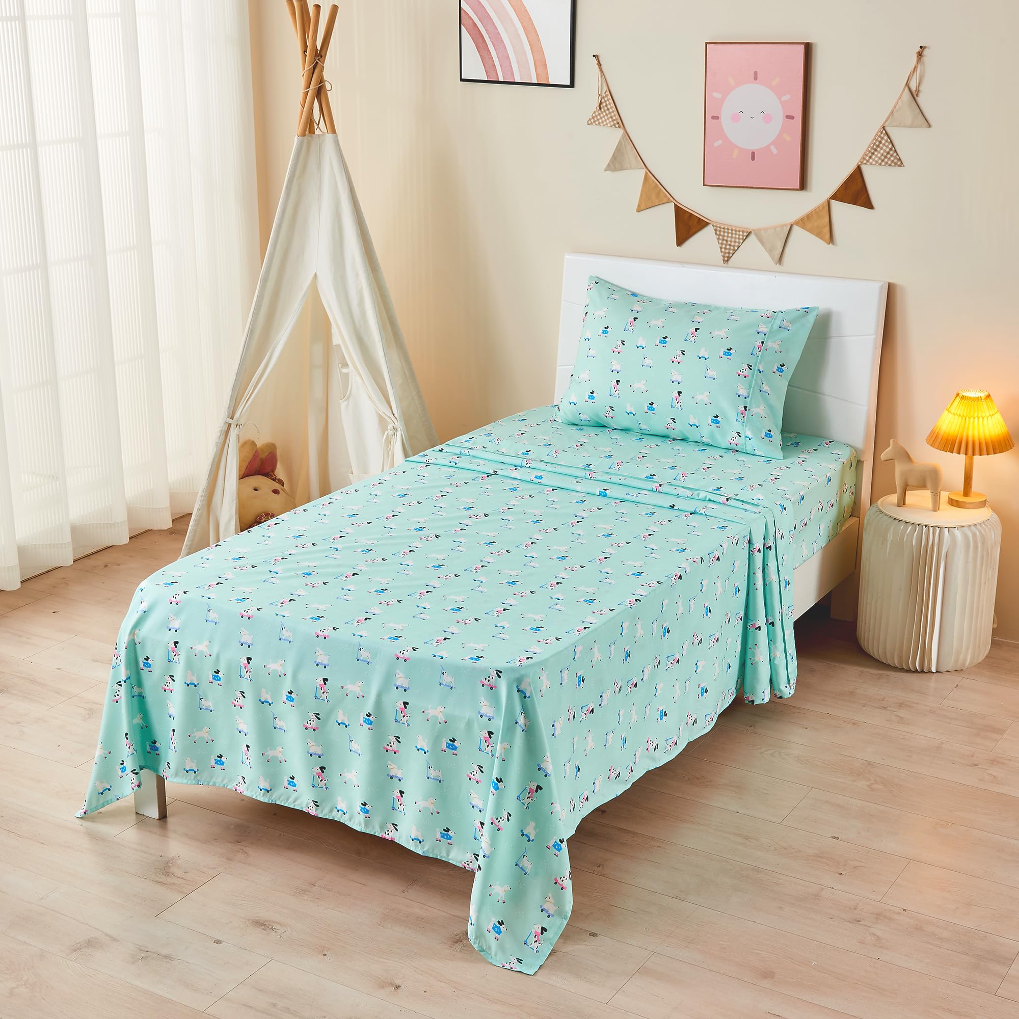 Printed Kids Sheet Set Twin Size, 3 Pcs Breathable & Silky Soft Microfiber - Kids Fitted Sheet,Kids Bed Sheets with 15" Deep Pocket