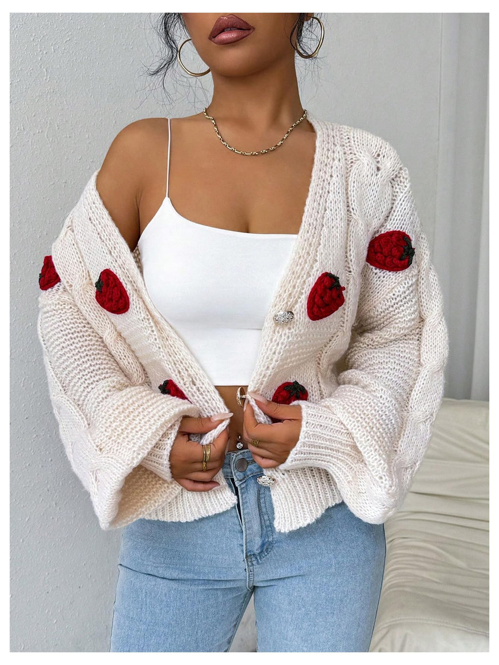 Women's Strawberry Embroidery Crop Cardigan Drop Shoulder Button Up Sweater Tops V Neck Outerwear
