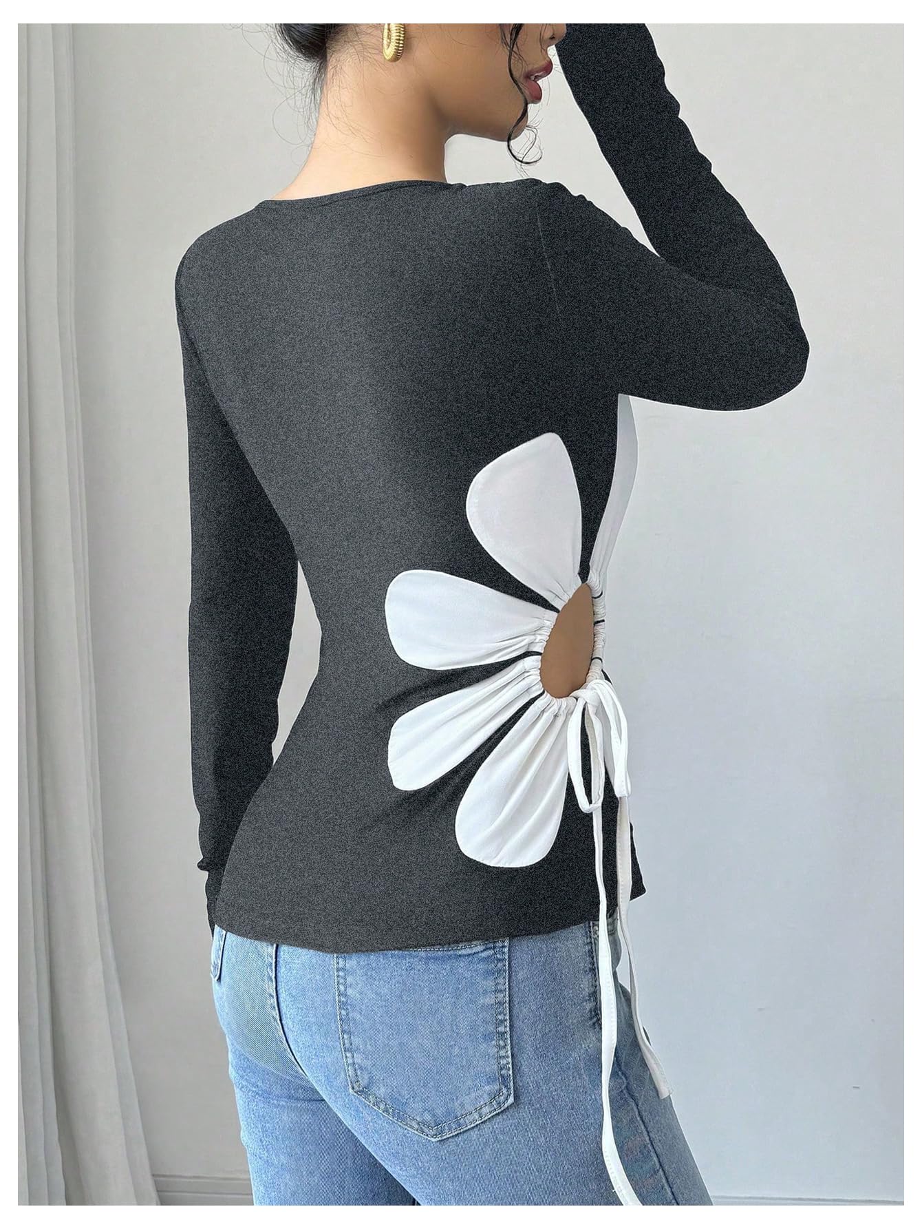 Women's Floral Pattern Hollow Out Tie Side T Shirts Crew Neck Long Sleeve Tee Tops