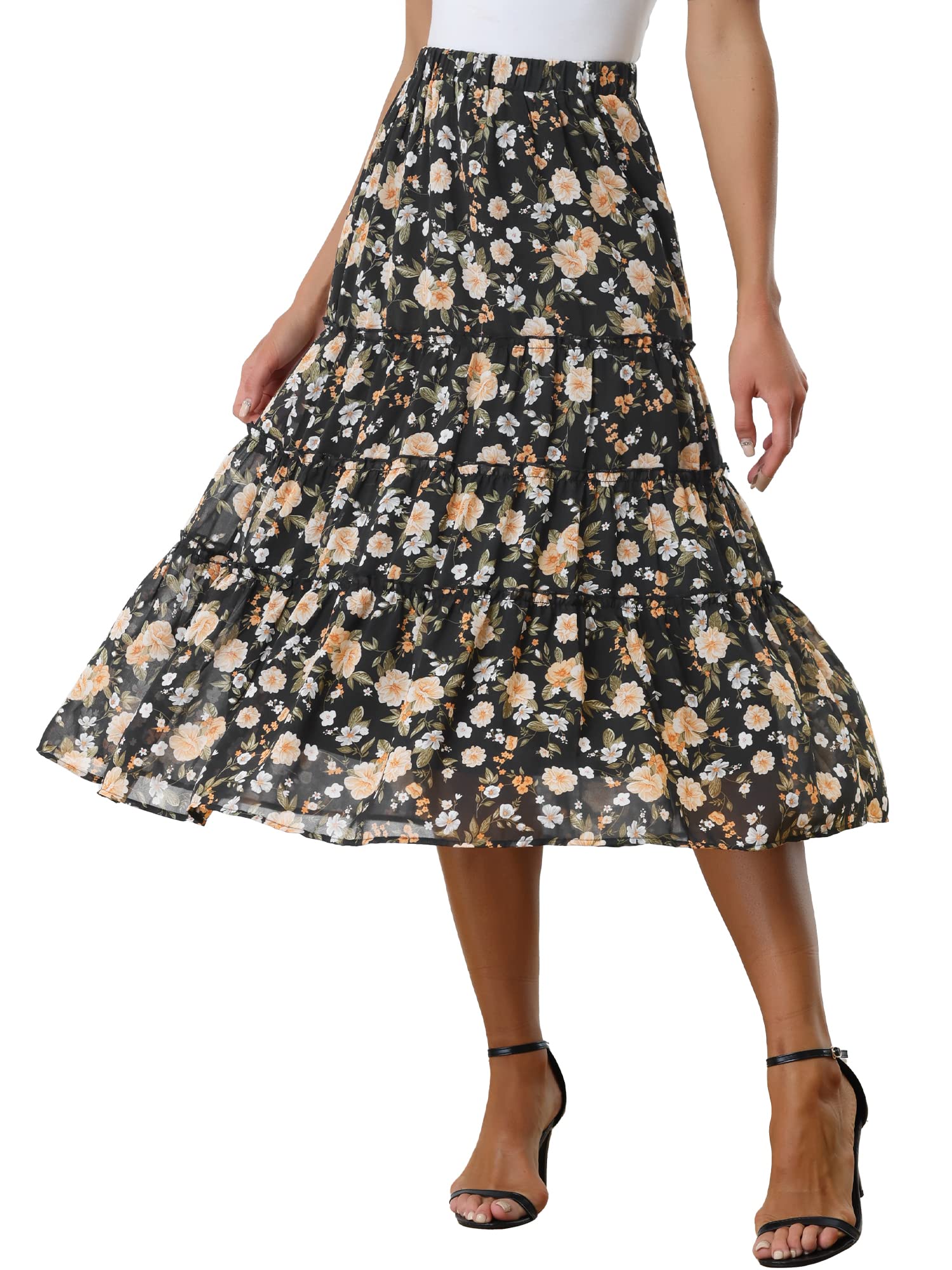 Women's Floral Skirt Chiffon A-line Long Tiered Ruffle Boho
