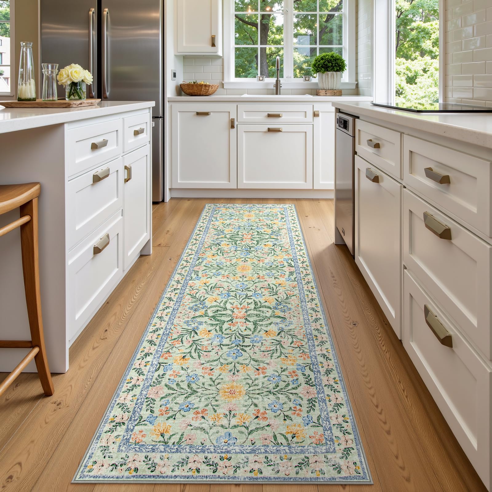 Machine Washable Boho Soft Floral Carpet Non Slip, Indoor Ultra-Thin Floor Carpet for Kid Room Living Room Dorm