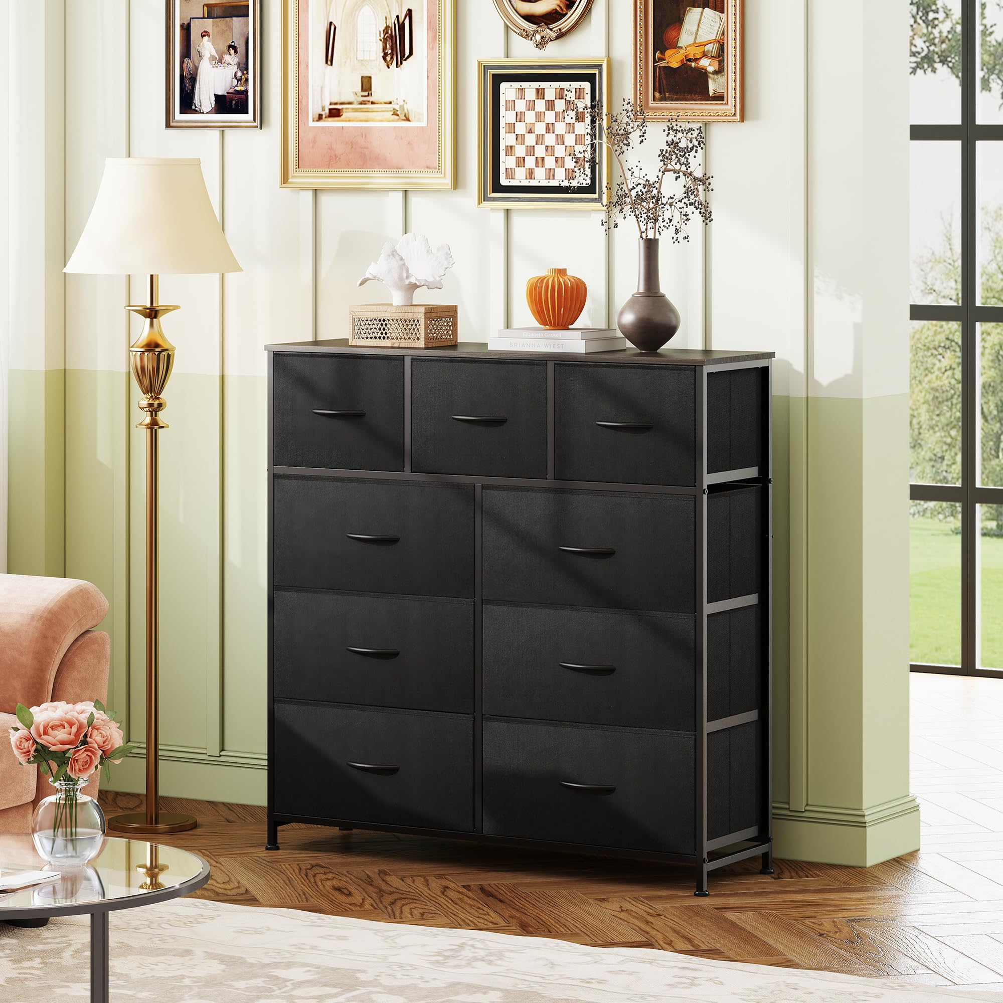 Drawer Fabric 9 Dresser â€?Tall Storage Tower with Bins, Steel Frame, and Wood Top