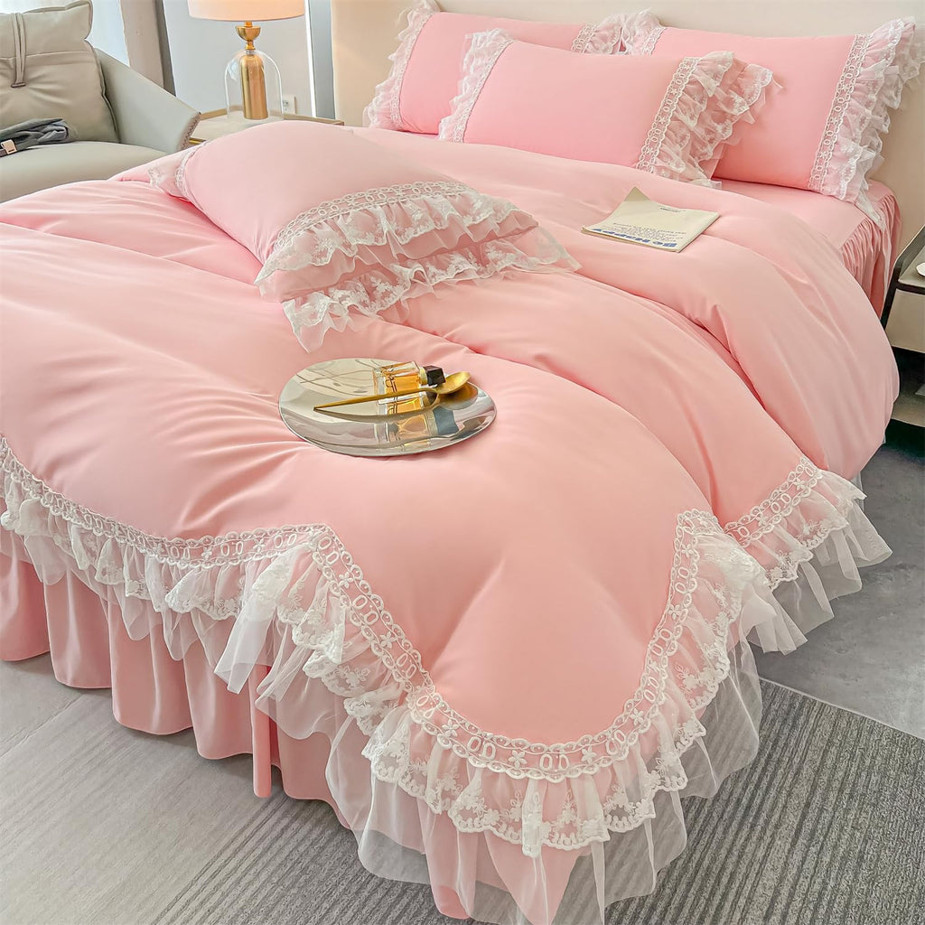 Chic Ruffle Lace Polyester Duvet Cover Set -Bedding-2 Piece Duvet Cover with Zipper Closure -Ultra Soft and Light Weight