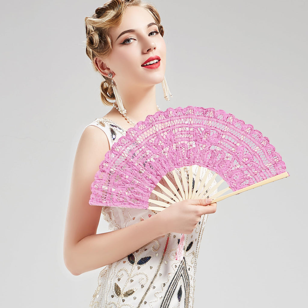 Cotton Lace Folding Handheld Fan Embroidered Hand Fan with Bamboo Staves