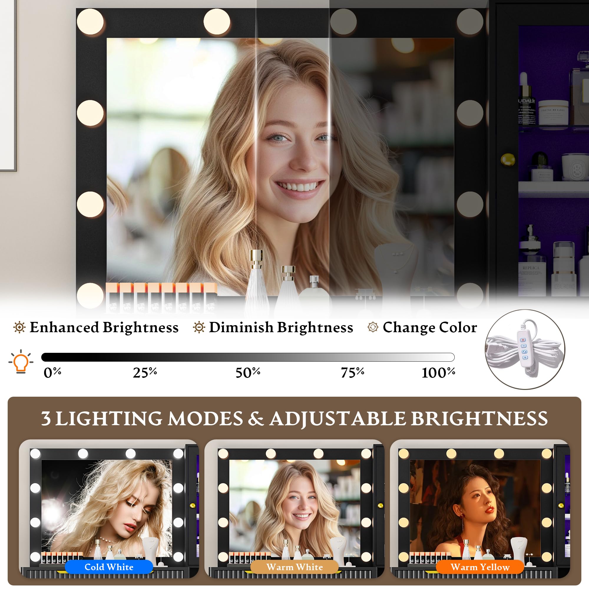 Fluted Vanity Desk with Mirror and Lights, 45" Glass Top Makeup Table Set with 5 Drawers, Power Outlet & Storage Cabinet, Large Dressing Table with RGB Ambient Light