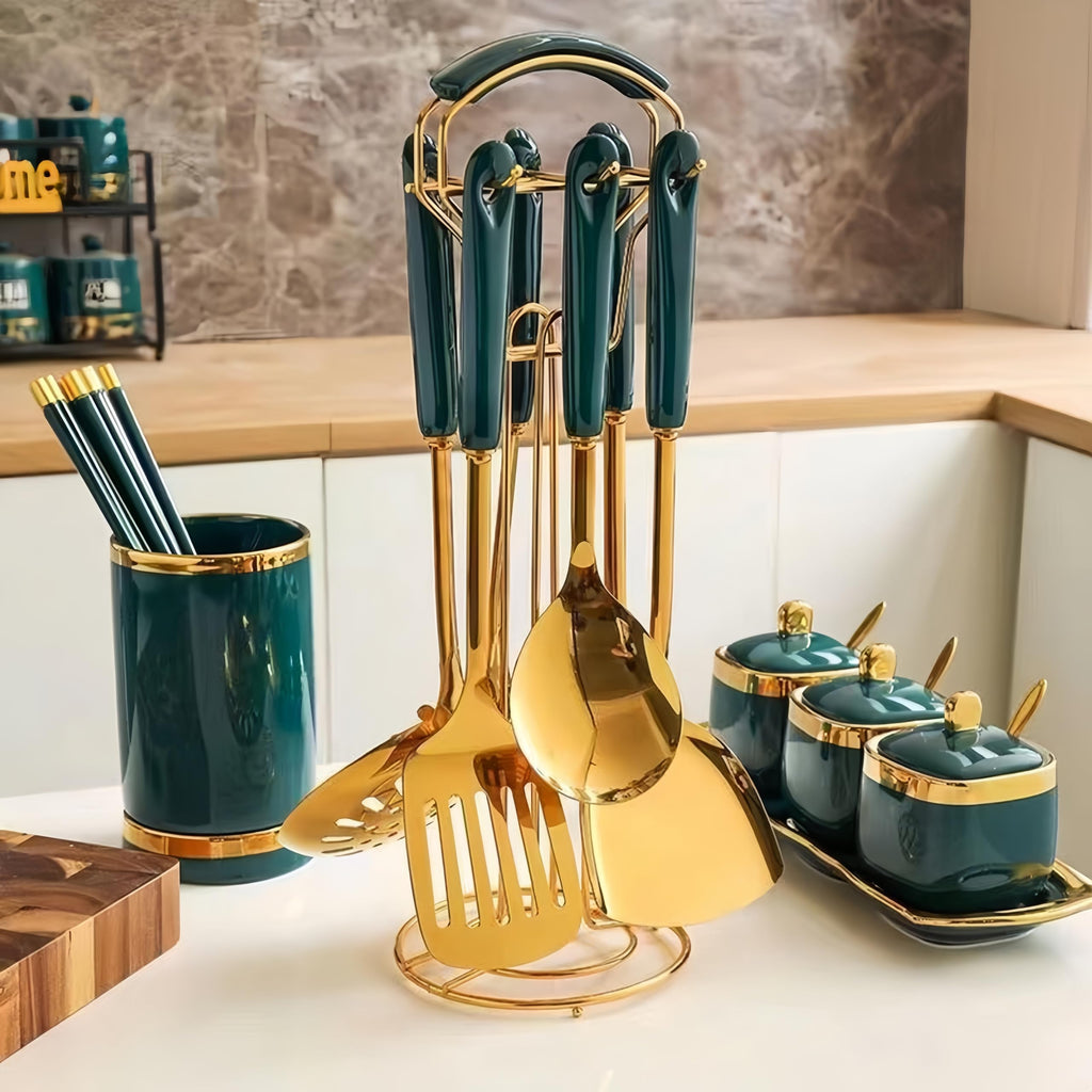 Gold Kitchen Utensils, 7pieces Gold Cooking Utensils Set, Kitchen Tools Set With Utensil Holder, Gold Kitchen Accessories, Dishwasher Safe, Easy To Clean