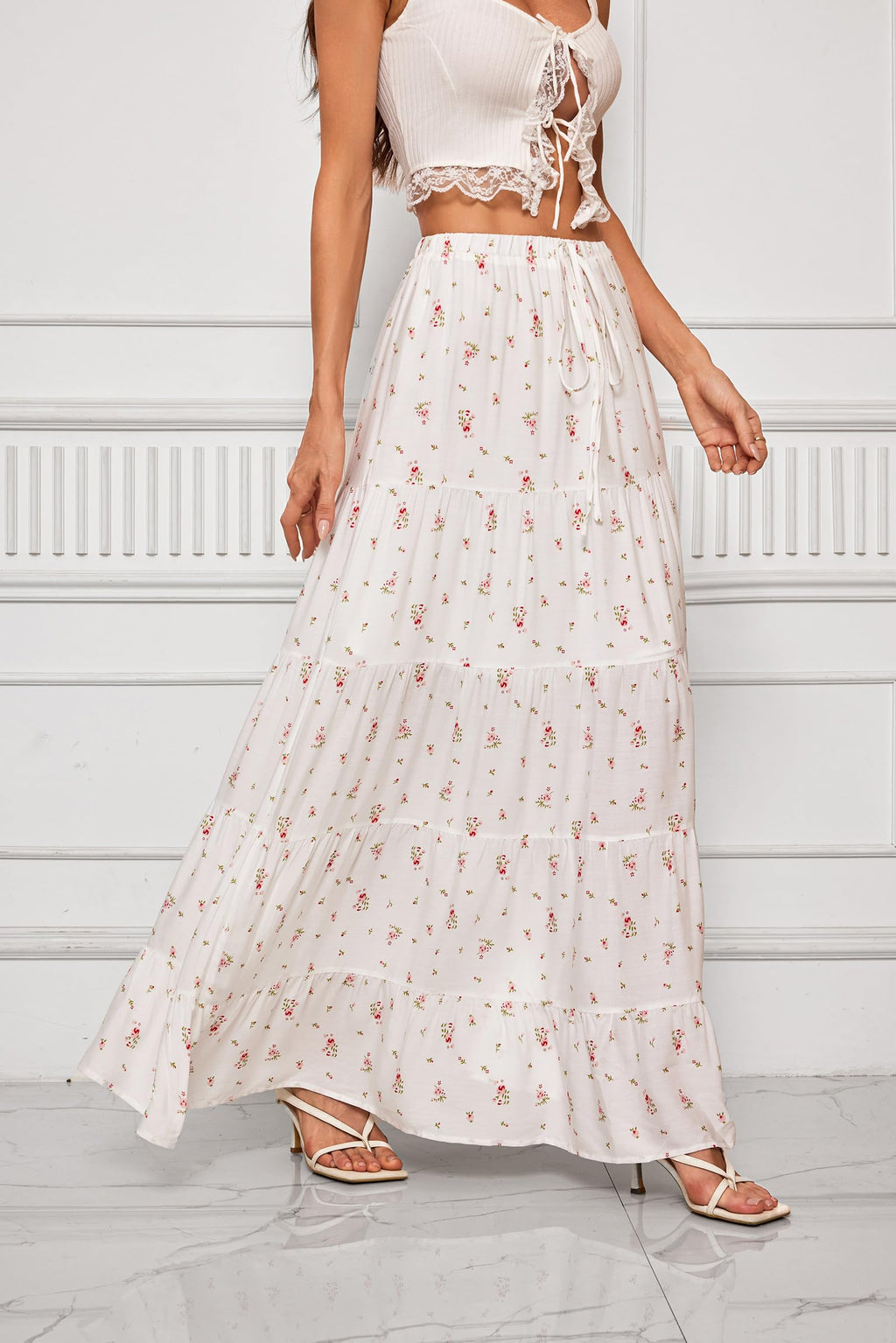 Women's Casual High Elastic Waist Ruffle Boho Pleated A-line Long Maxi Skirt