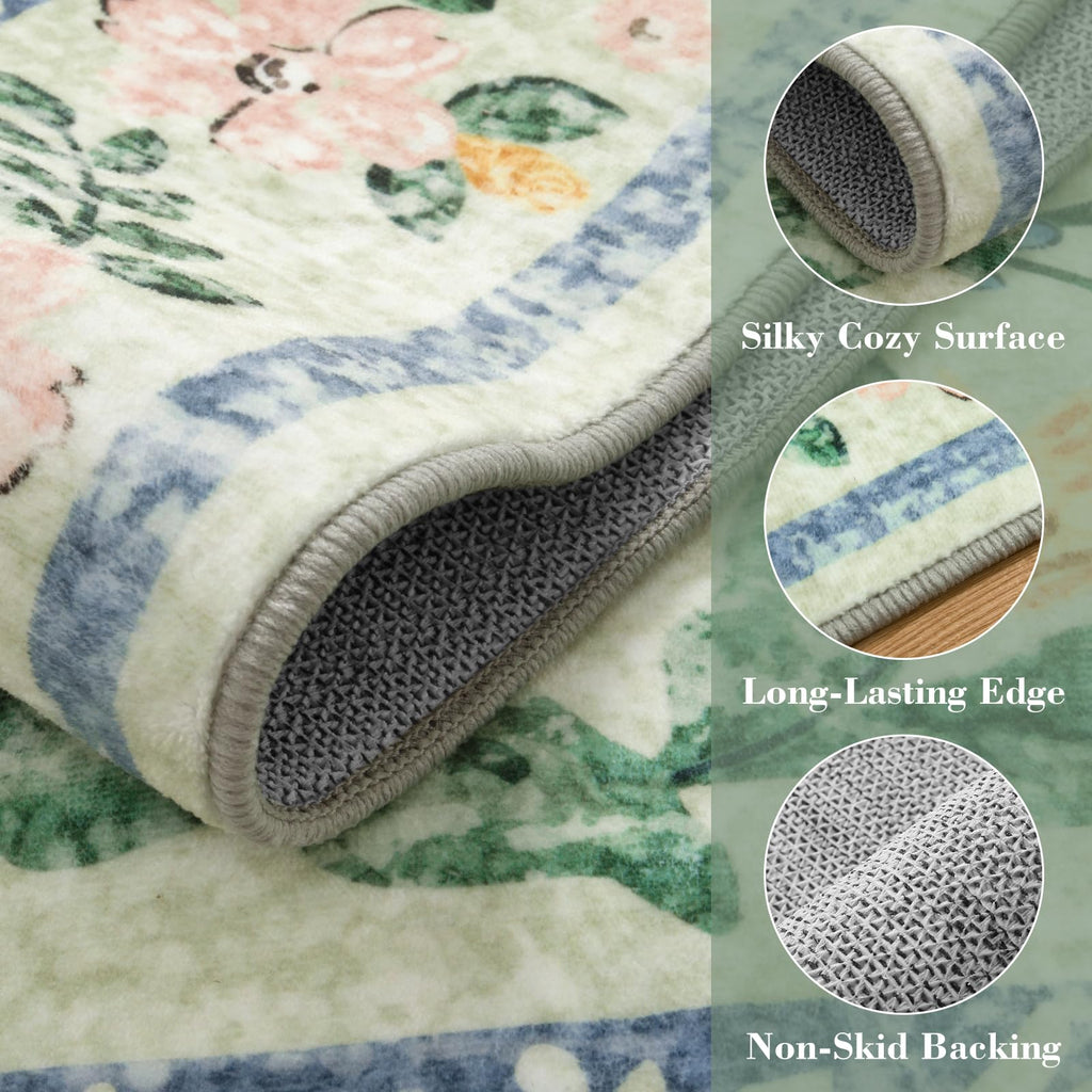 Machine Washable Boho Soft Floral Carpet Non Slip, Indoor Ultra-Thin Floor Carpet for Kid Room Living Room Dorm