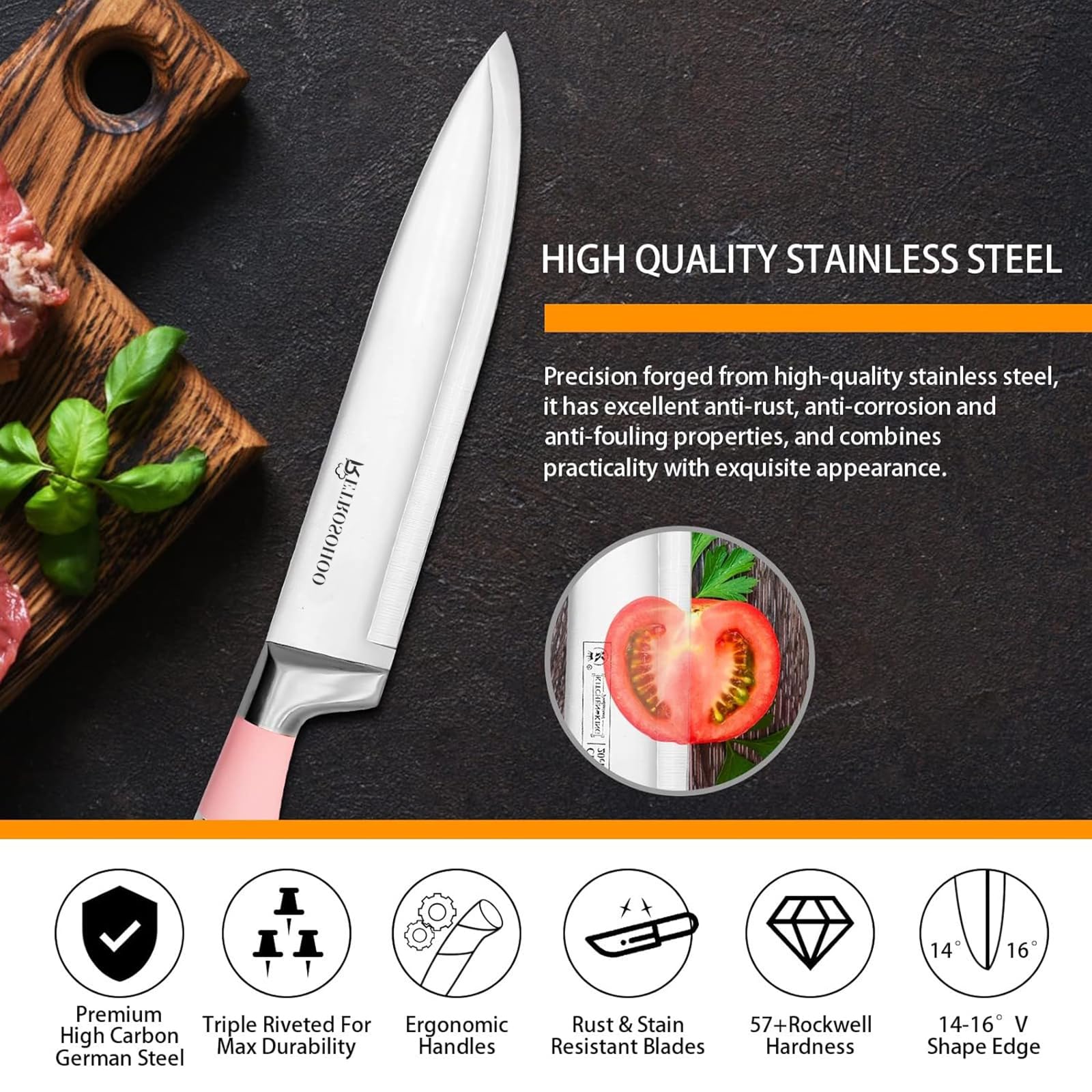 Kitchen Stainless Steel Knife Set, 9-Pieces Sharp Non-Stick Coated Chef Knives Block Set