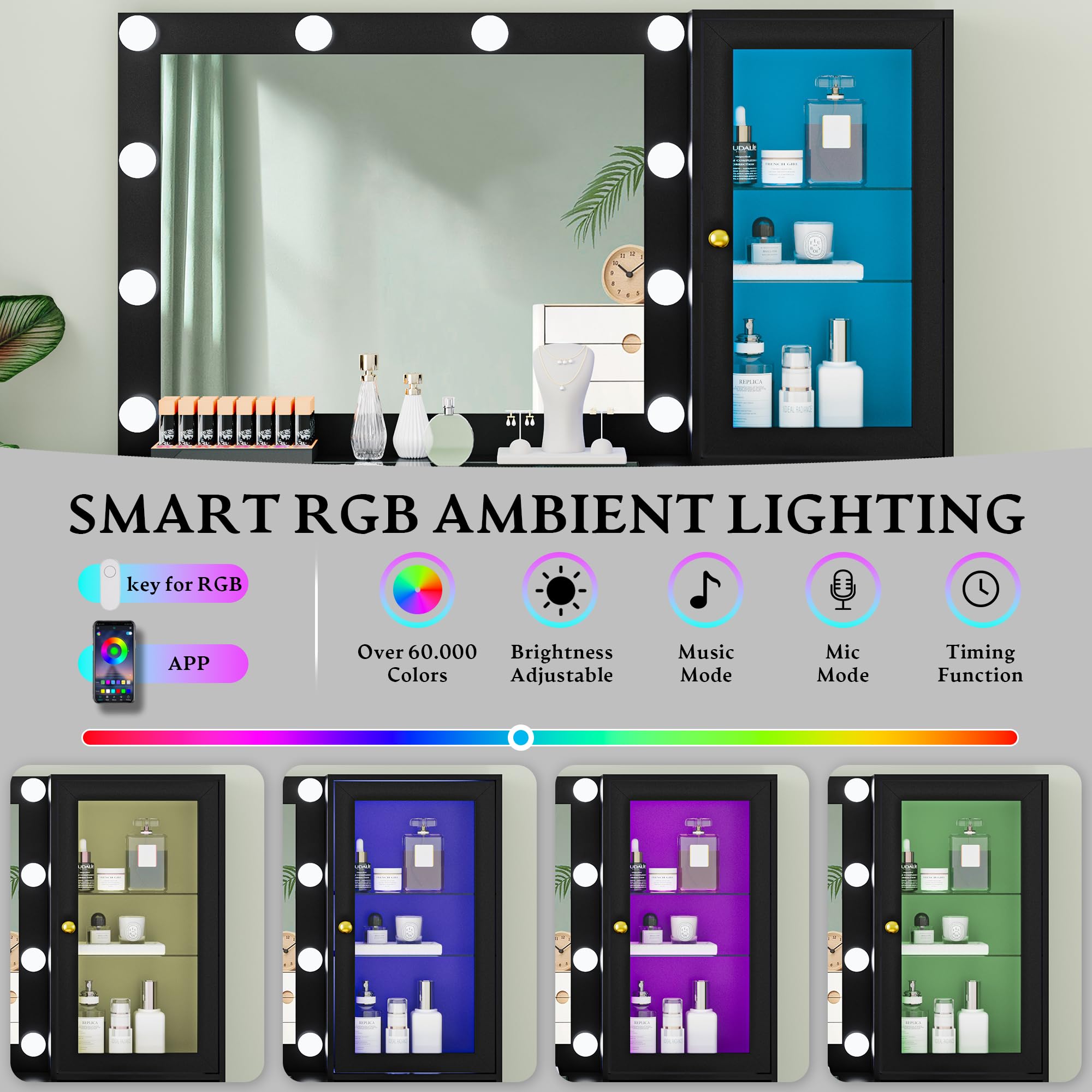 Fluted Vanity Desk with Mirror and Lights, 45" Glass Top Makeup Table Set with 5 Drawers, Power Outlet & Storage Cabinet, Large Dressing Table with RGB Ambient Light