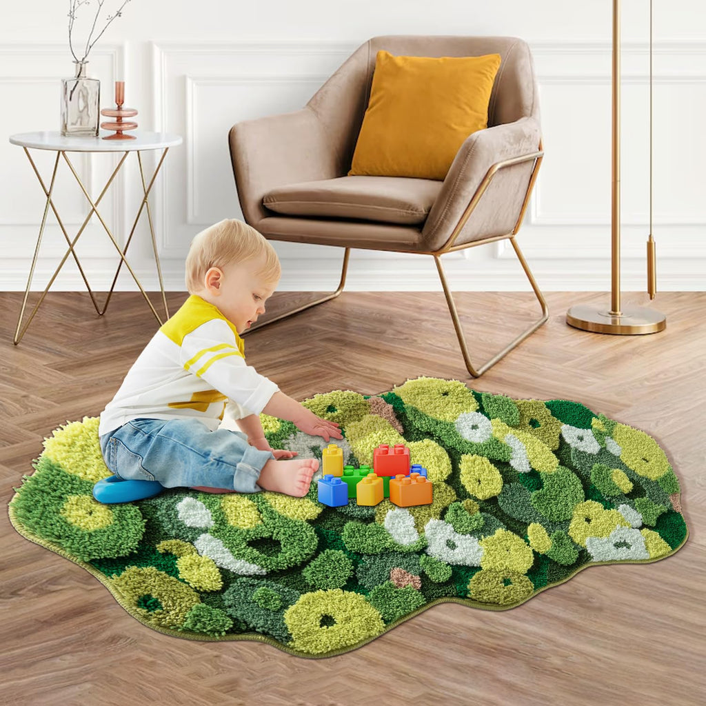 Green Moss Bathroom Rugs Bath Mat Non Slip, Ultra Soft Absorbent Aesthetic Decor Shaggy Tufted Flower Long Bath Rugs