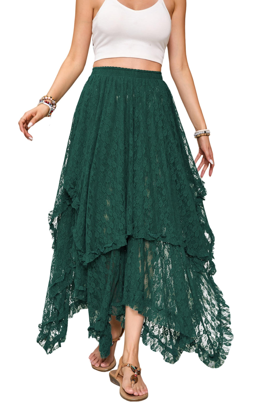 Women Lace Long Skirts Summer Elastic Asymmetrical Layered Hem Sexy See-Through Beach Floral Maxi Skirts