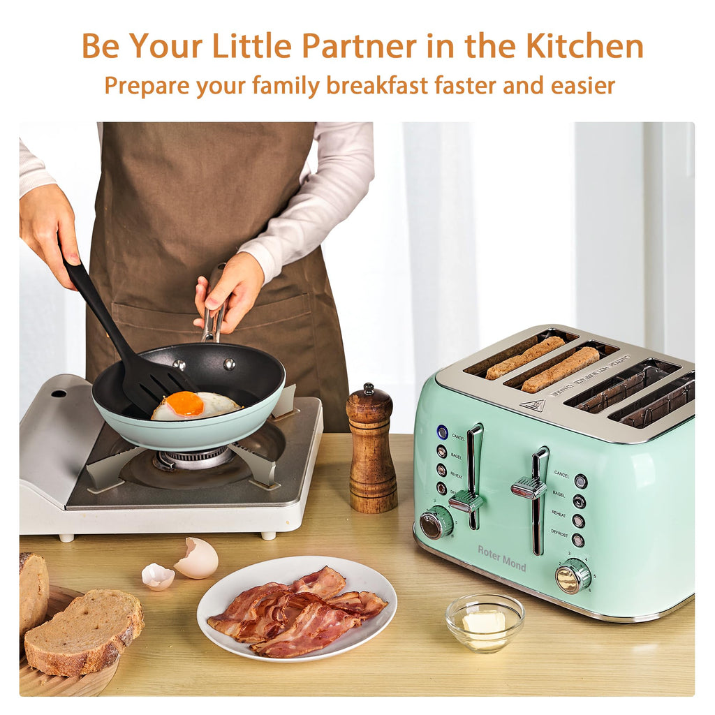 Toaster 4 Slice Retro Stainless Steel with Extra Wide Slots, Reheat Function, Dual Independent Control Panel, Removable Crumb Tray, 6 Browning Levels