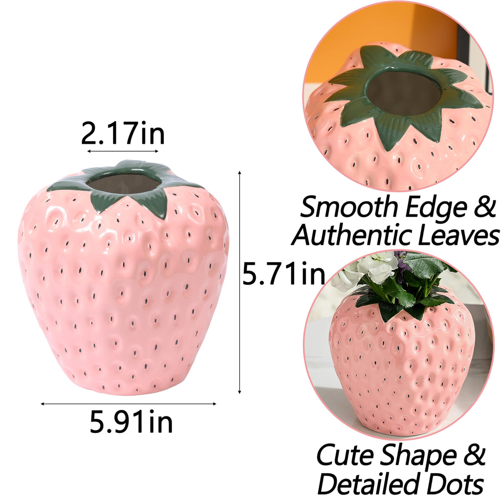 Strawberry Vase for Flowers, Dusty Pink Ceramic Fruit Vase, Strawberry Shaped Planter Pot with Green Leaves and Black Seeds Decor