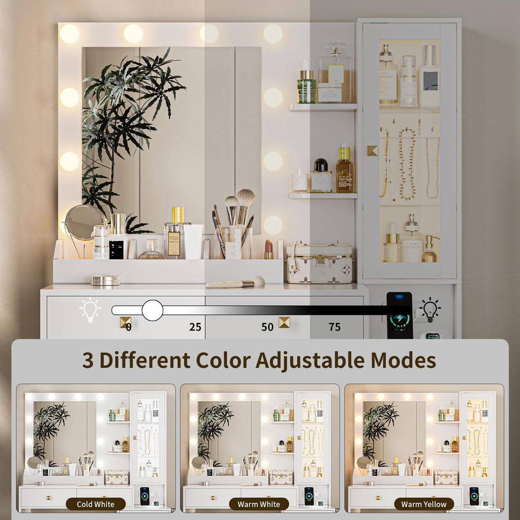 Vanity Desk with Mirror and Lights, Pink Makeup Vanity with 5 Drawers Hidden Jewelry Organizer& LED Glass Cabinet, 3 Lights Mode and Brightness Adjusted,Vanity Mirror with Lights Desk and Chair