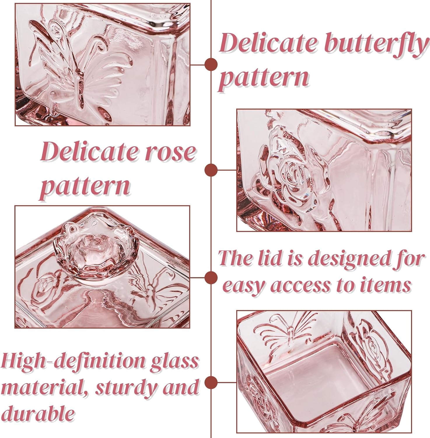 Glass Dish Embossed Butterfly Flower Clear Jar with Lid, 15 OZ Decorative Vintage Jewelry Storage Trinket Box