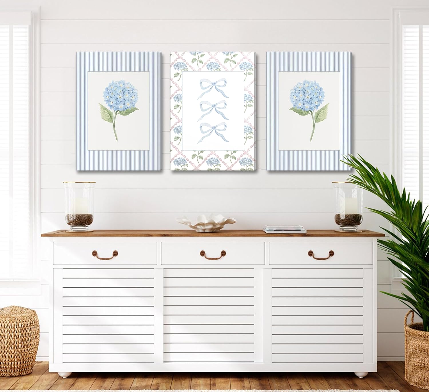 Blue Hydrangea Canvas Wall Art -  Watercolor Bow Coquette Paintings Posters