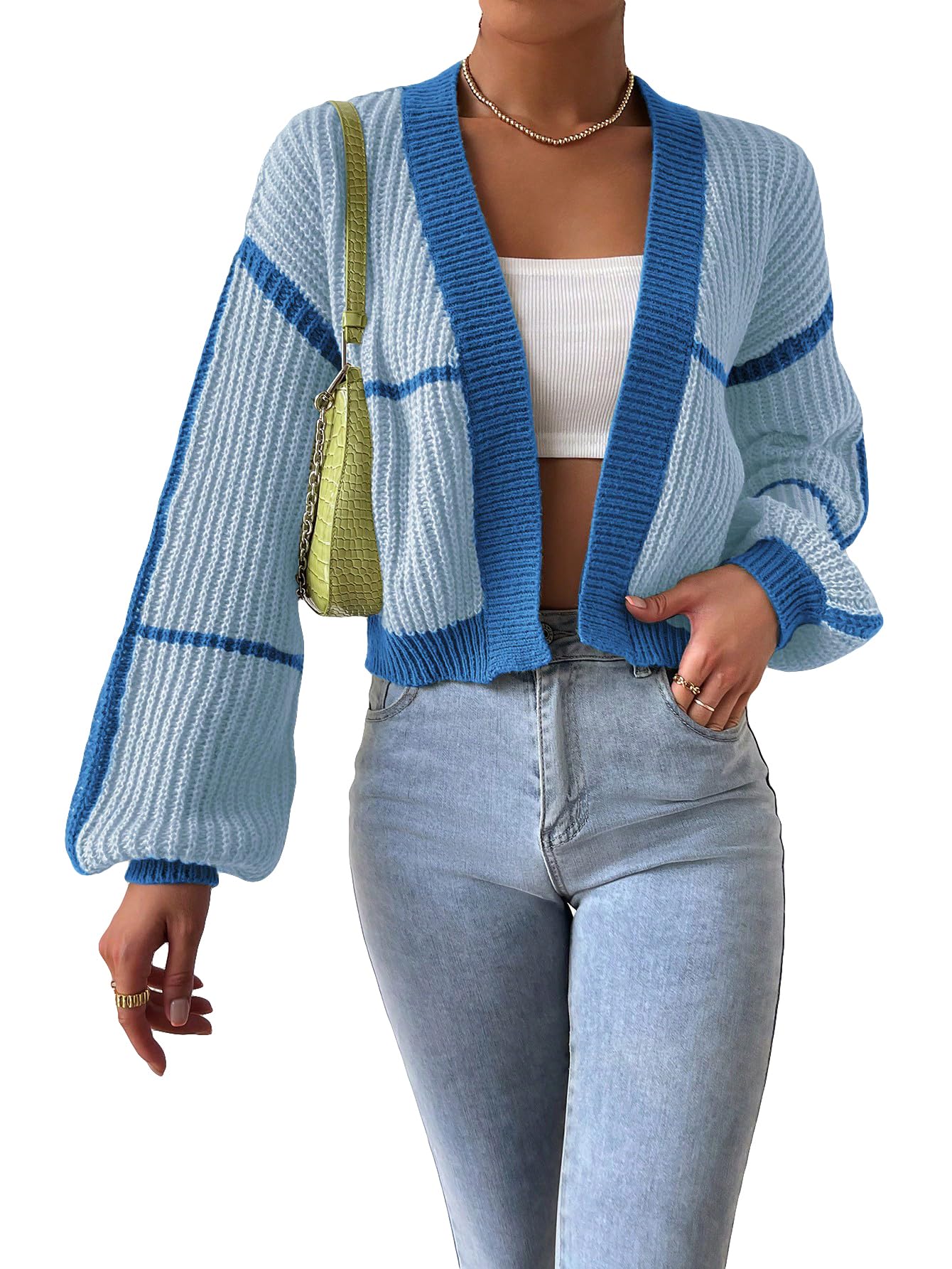 Women's Color Block Crop Cardigan Top Bishop Long Sleeve Open Front Sweater