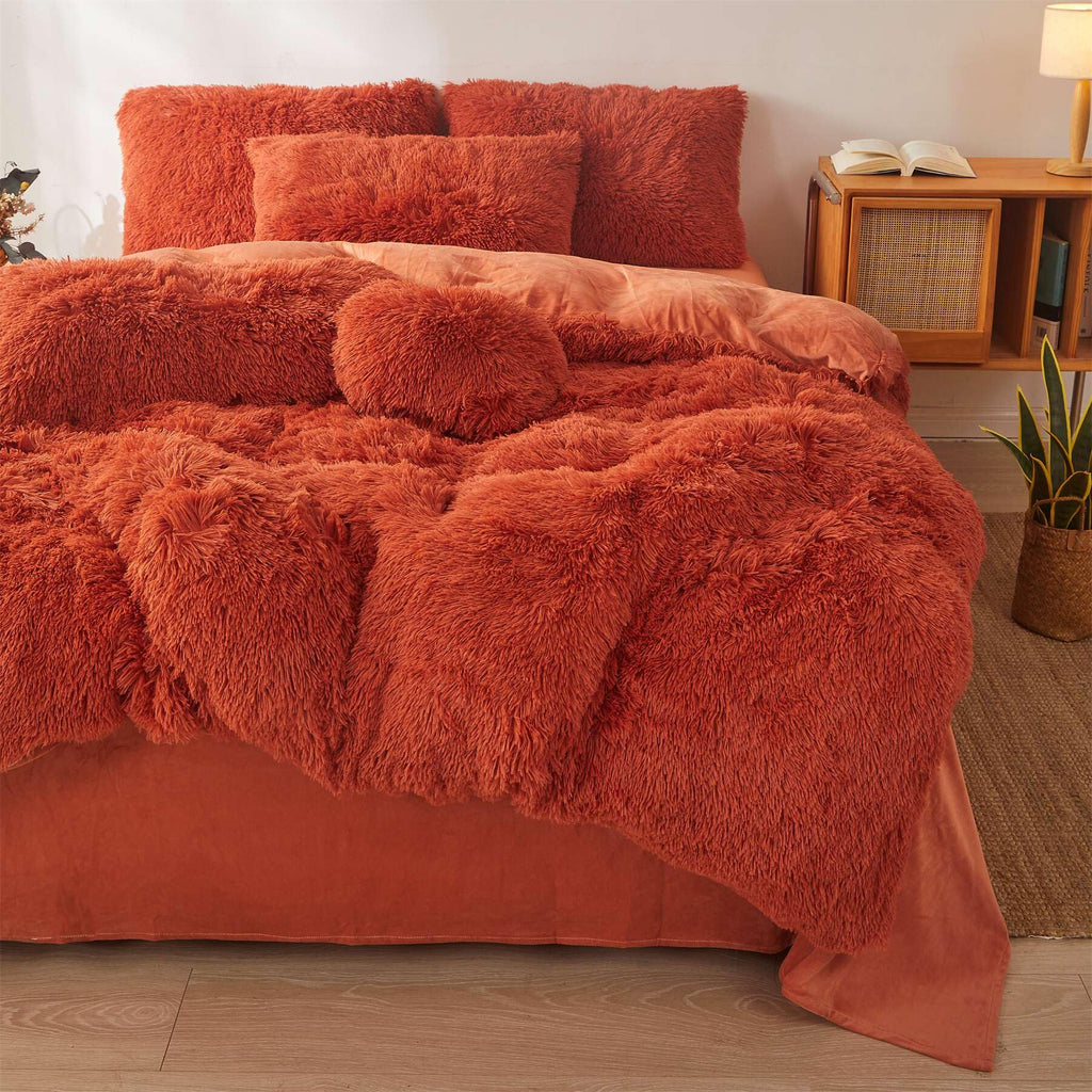 Fluffy Faux Fur Comforter Cover Set Queen - Ultra Soft Plush Bedding Sets 3 Pieces (1 Fluffy Duvet Cover + 2 Faux Fur Pillow case) Cute Bed Set