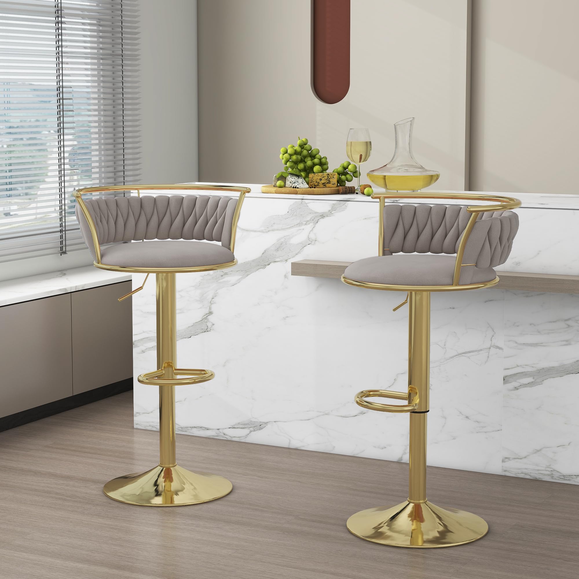 Velvet Swivel Bar Stools, Adjustable Counter Height Bar Chairs with Low Back & Footrest, Modern Gold Bar Stools for Kitchen Island, Bar Pub