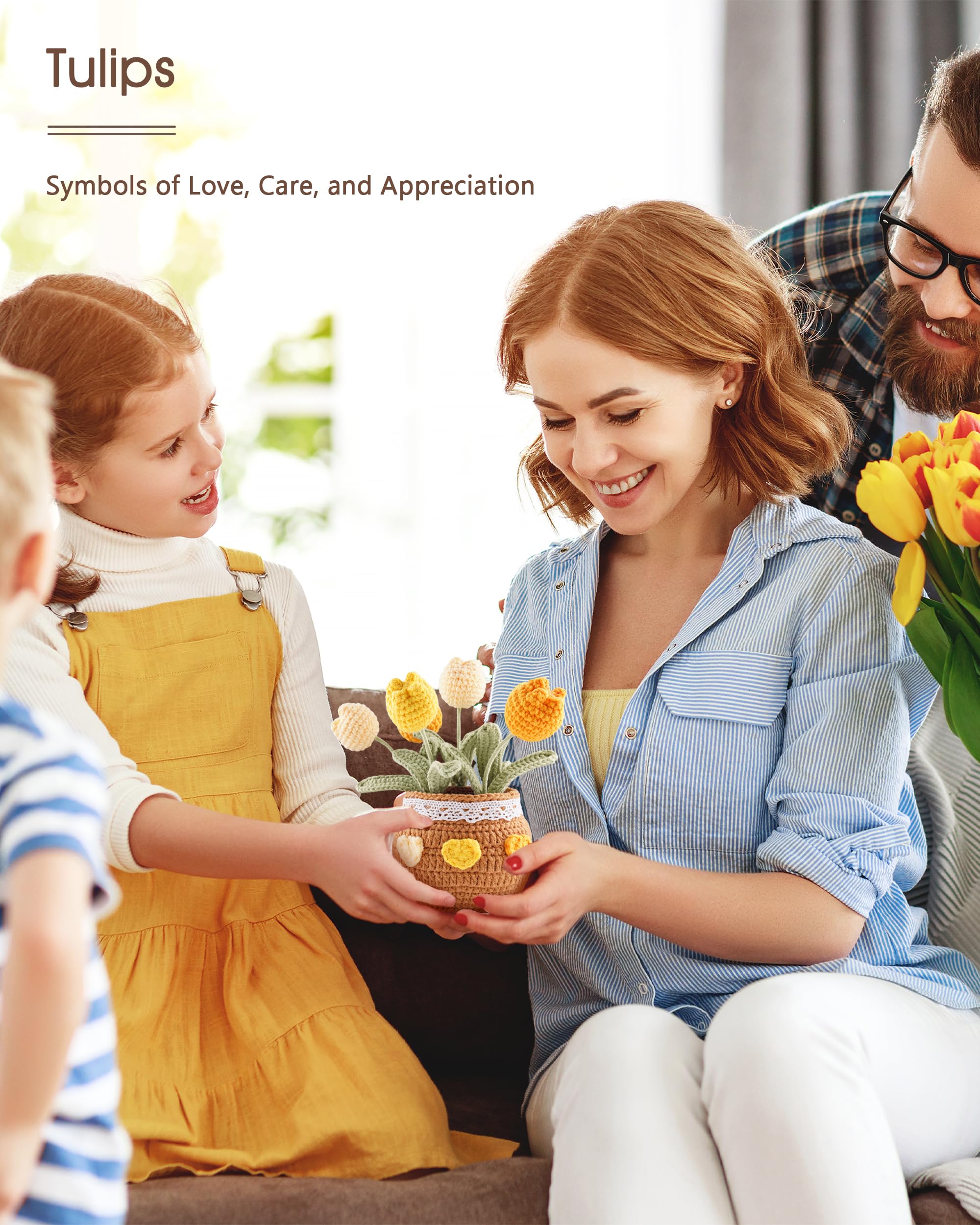 Crochet Tulip Potted Plant - Handmade Cotton Knitted Artificial Flowers, 6 Tulips Pot Plant with Bendable Leaves