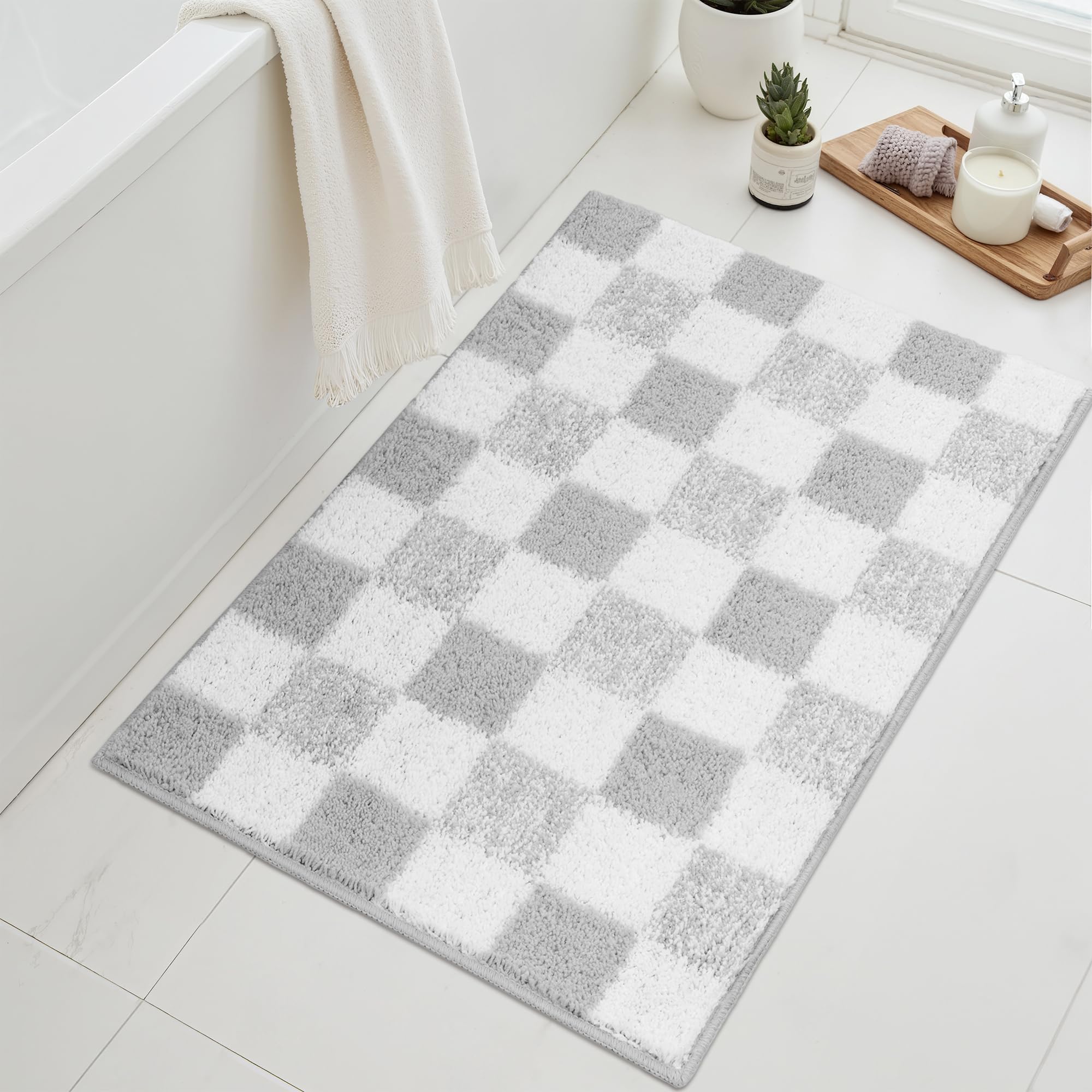 Checkered Bathroom Rugs, Fluffy Rug, Absorbent Microfiber Ultra Soft Bath Mat Washable, Non-Slip Bath Mats for Bathroom, Cute Floor Mat