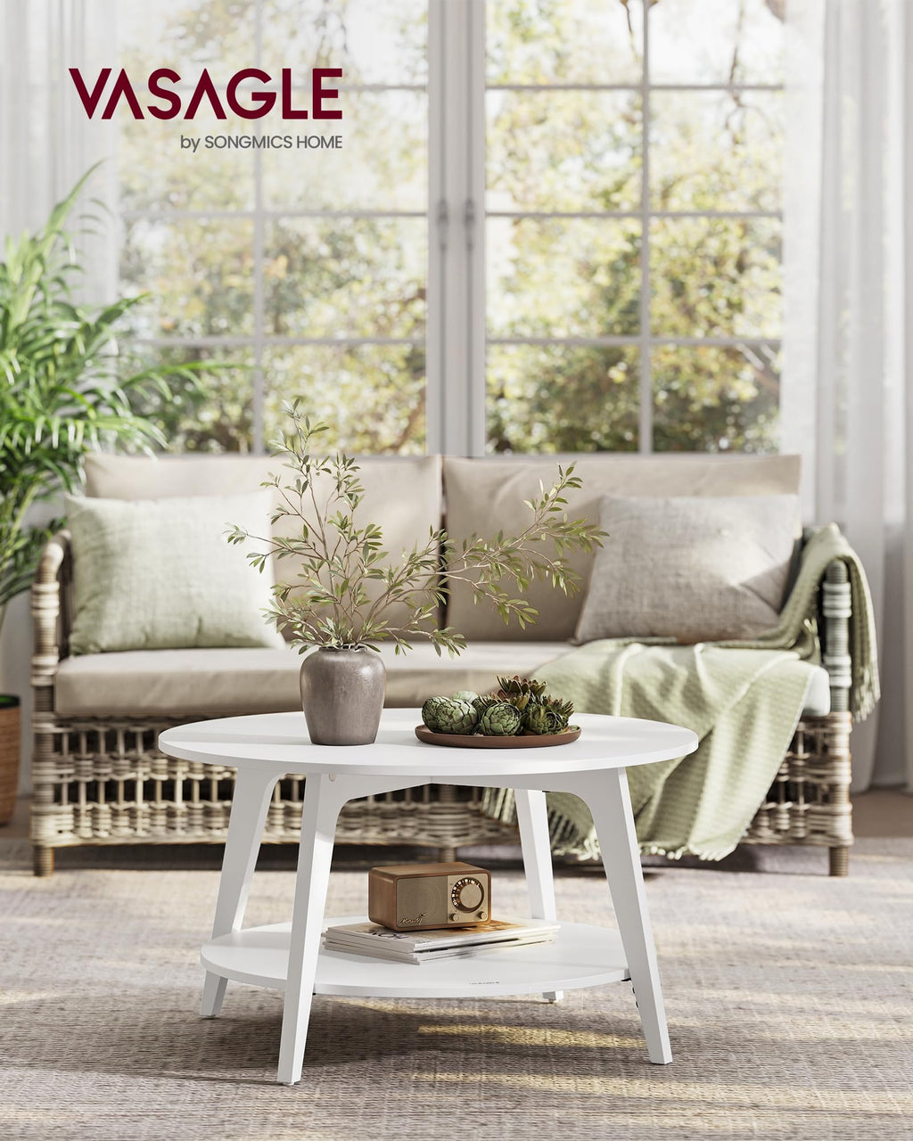 Round Coffee Table, 2 Tier Coffee Table with Storage, for Living Room, 31.5 x 17.7 Inches, Easy to Assemble