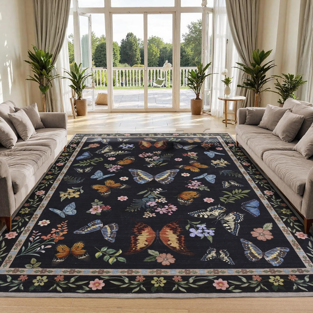 Insect Floral Area Rug, Machine Washable Area Rug Non-Slip Low Pile Large Bedroom Rug Stain Resistant Throw Rug Carpet