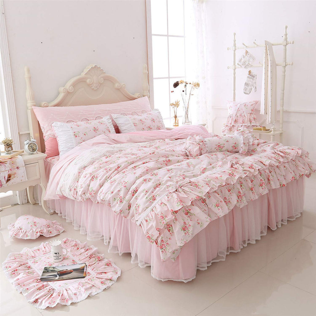 Romantic Roses Print Duvet Cover Set with Bed Skirt Pink Lace Ruffle Floral Shabby Chic Bedding Sets 4 Piece