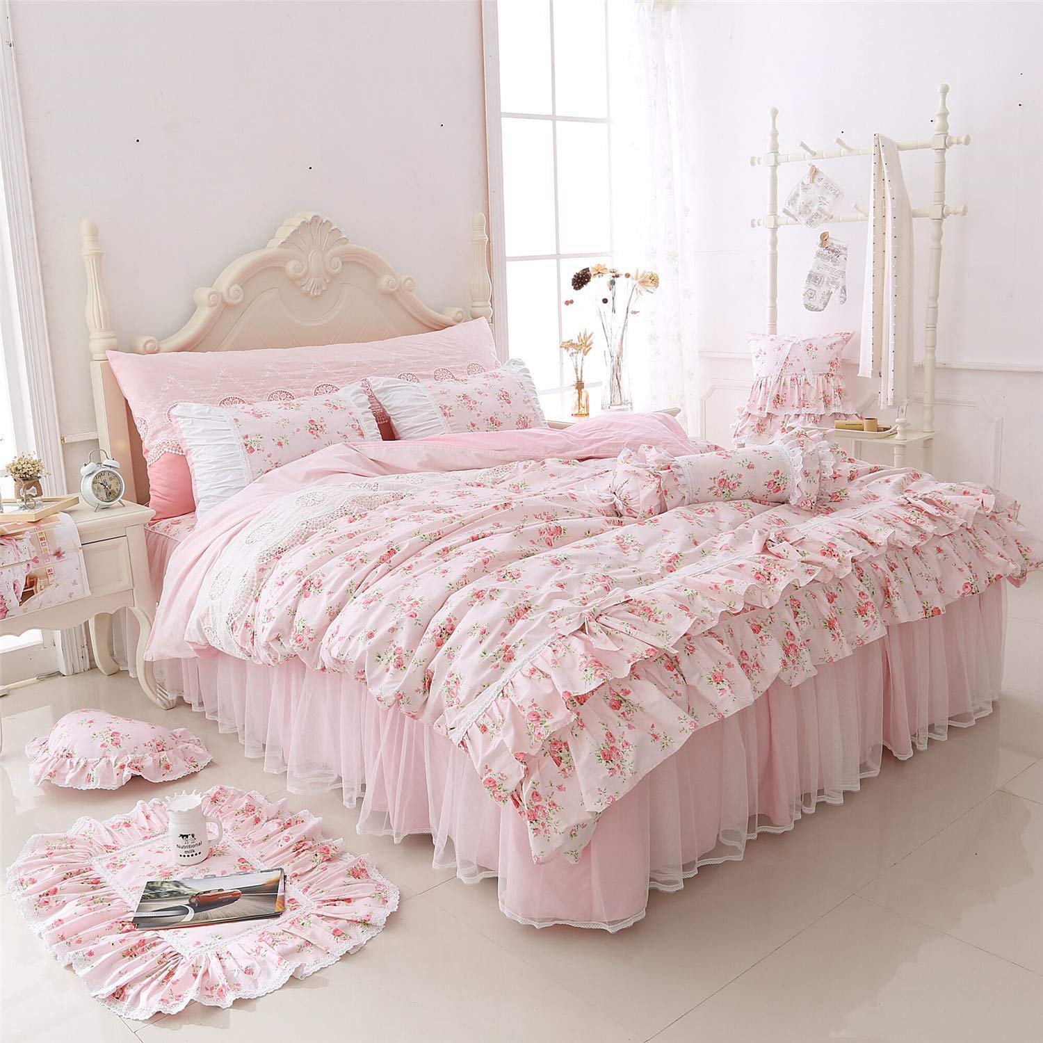 Romantic Roses Print Duvet Cover Set with Bed Skirt Pink Lace Ruffle Floral Shabby Chic Bedding Sets 4 Piece