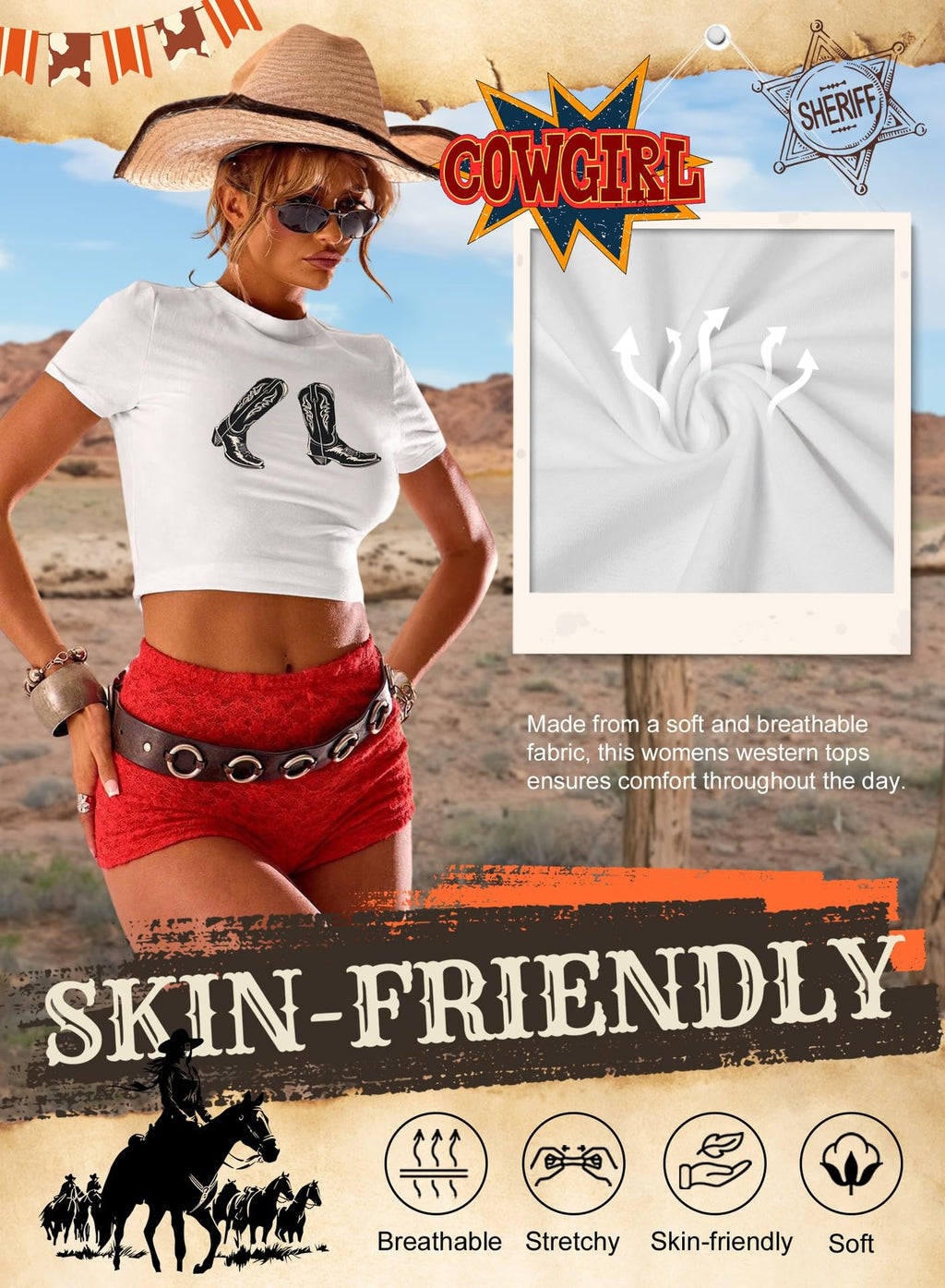 Western Cowgirl Crop Tops for Women - Country Rodeo Outfits Boot Print Summer Slim Shirt Sexy Cowboy Tee