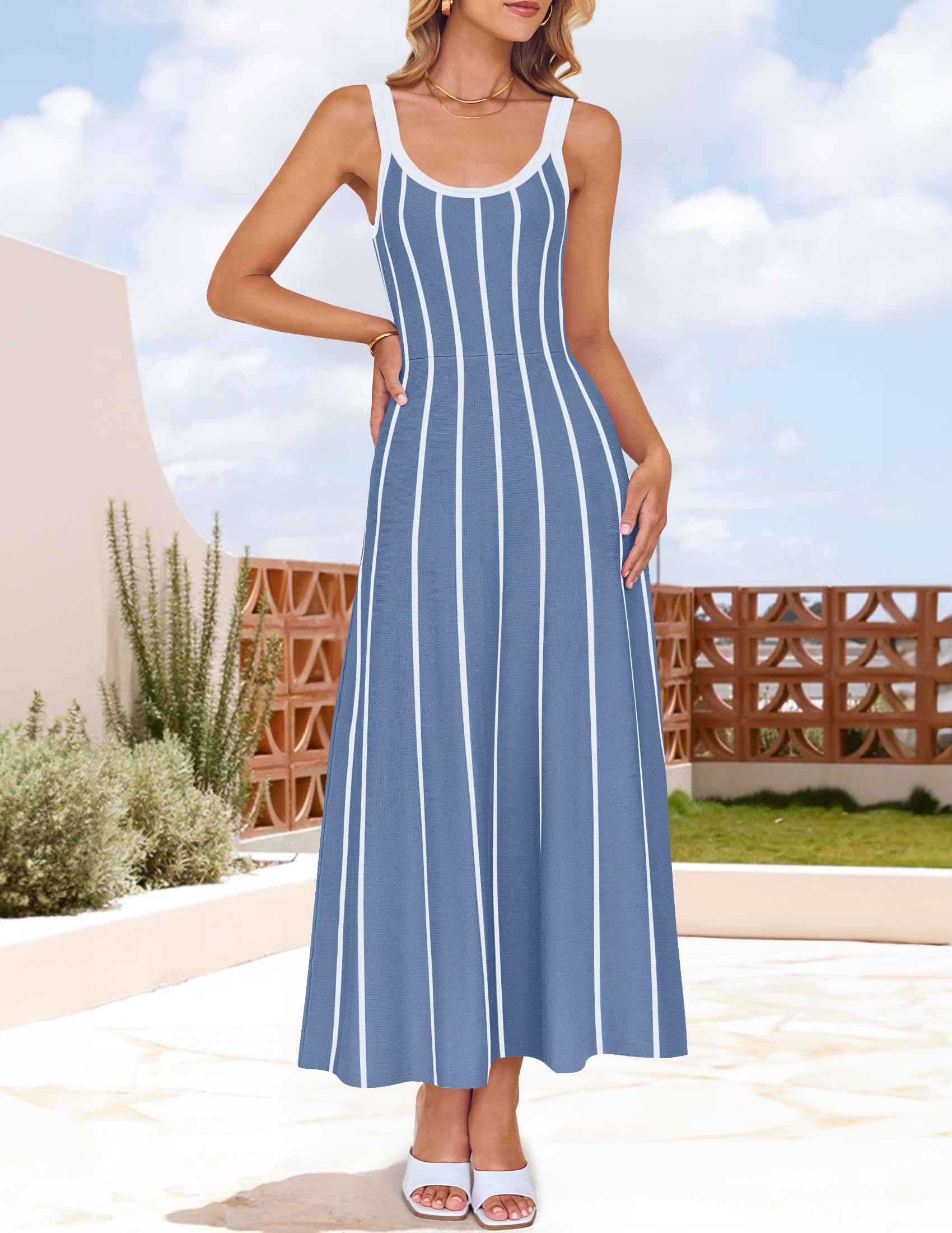 Wome's Summer Sleeveless Striped Midi Dress 2025 Knit Casual Elegant A Line Swing Long Dresses
