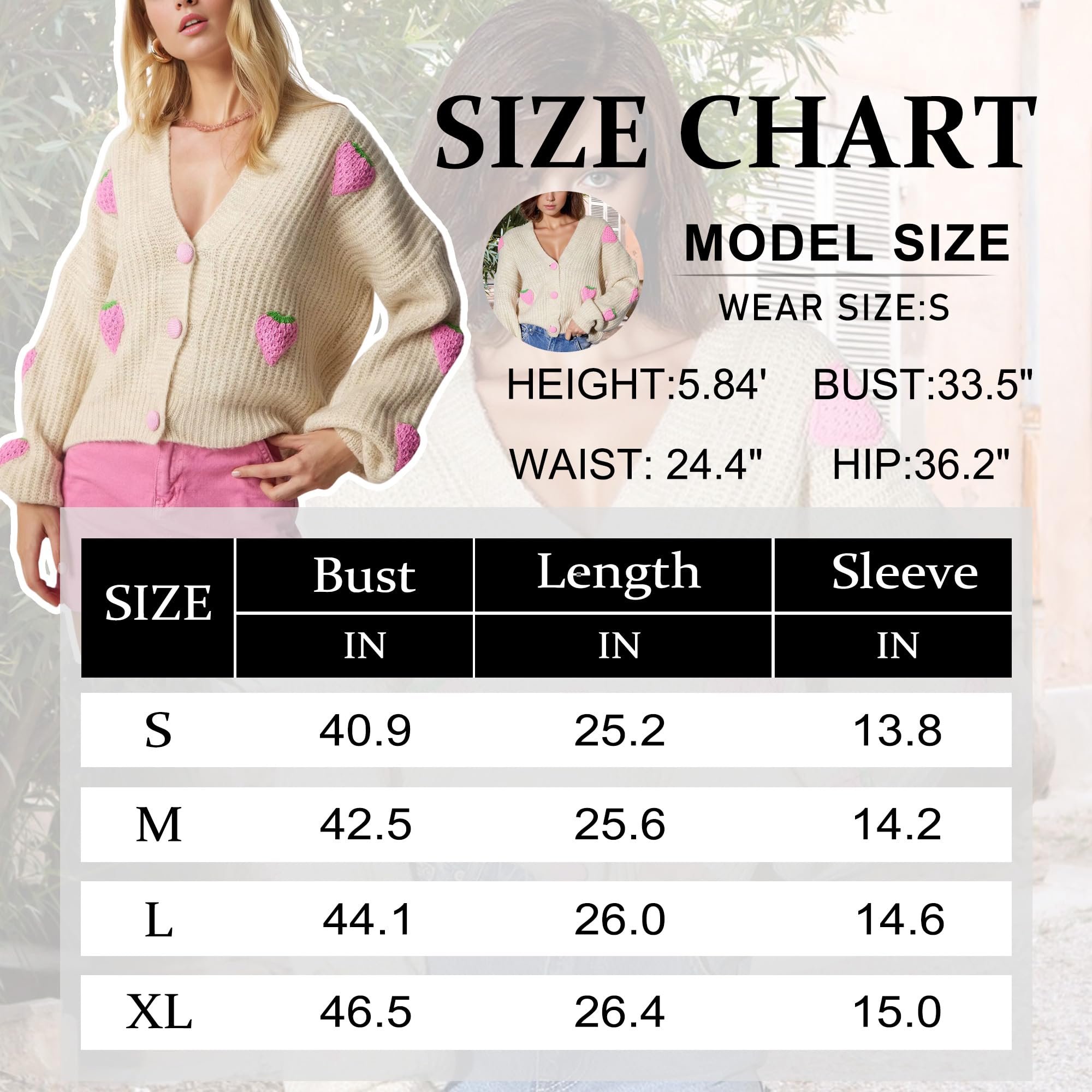 Women's Kawaii Strawberry Embroidered Cardigan Long Sleeve V Neck Chunky Knitted Cardigans