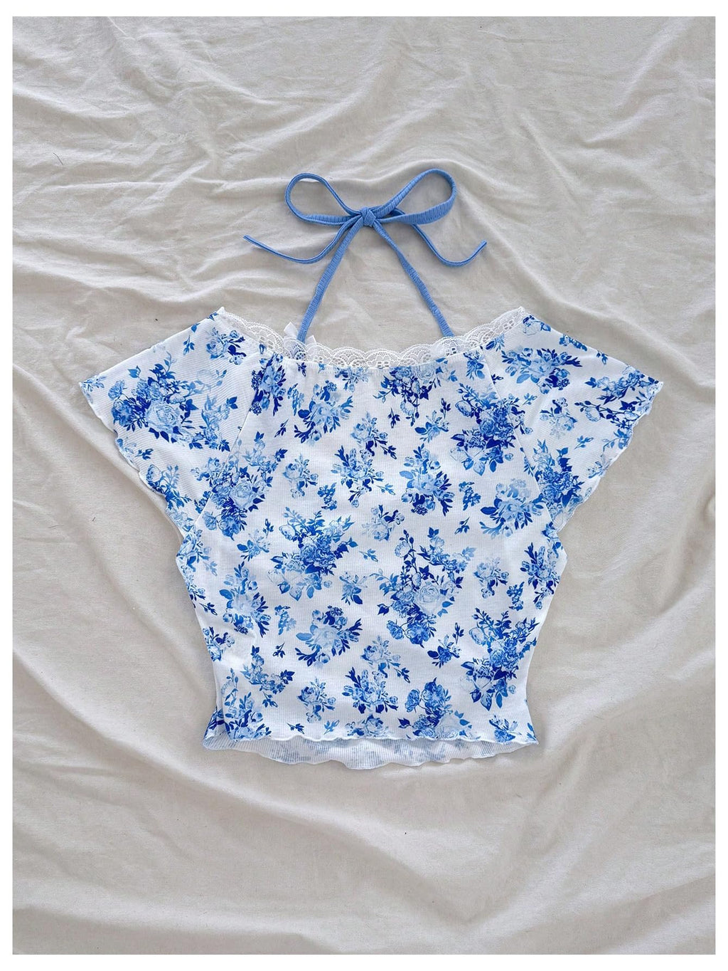 Women's Contrast Lace Halter Neck Lettuce Trim Casual Crop Tee Tops