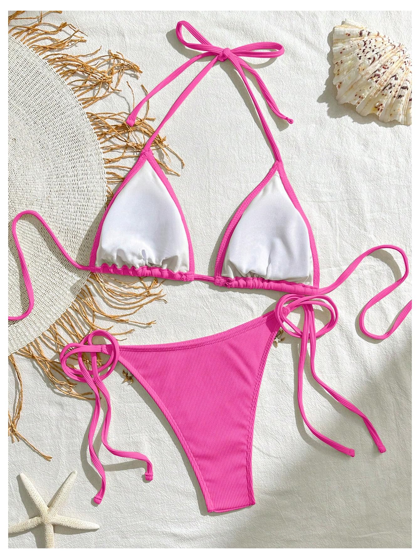 Women's 2 Piece Halter Triangle Bathing Suit Ribbed Bikini Swimsuits