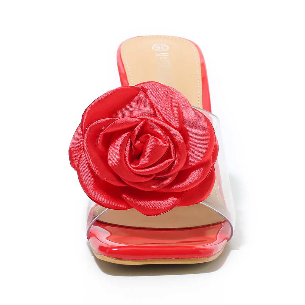 Women Flowers High Heels Mules Sandals Square Toe Slip On Sandals