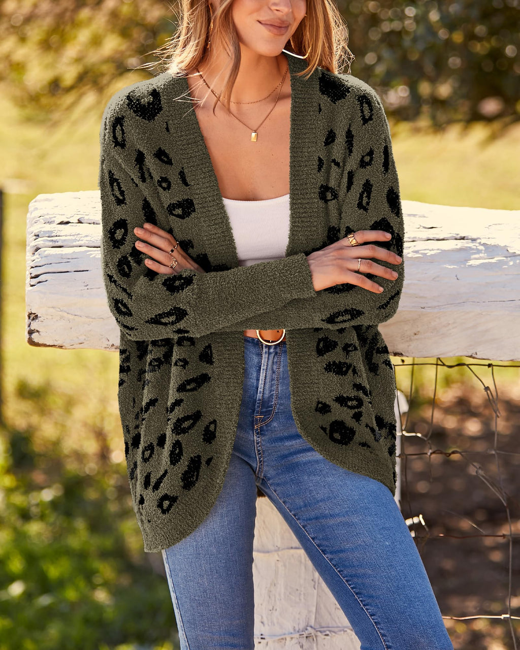 Women Fashion Leopard Print Long Sleeve Sweater Cardigan Loose Knit Open Front Fall Winter Outwear Coats