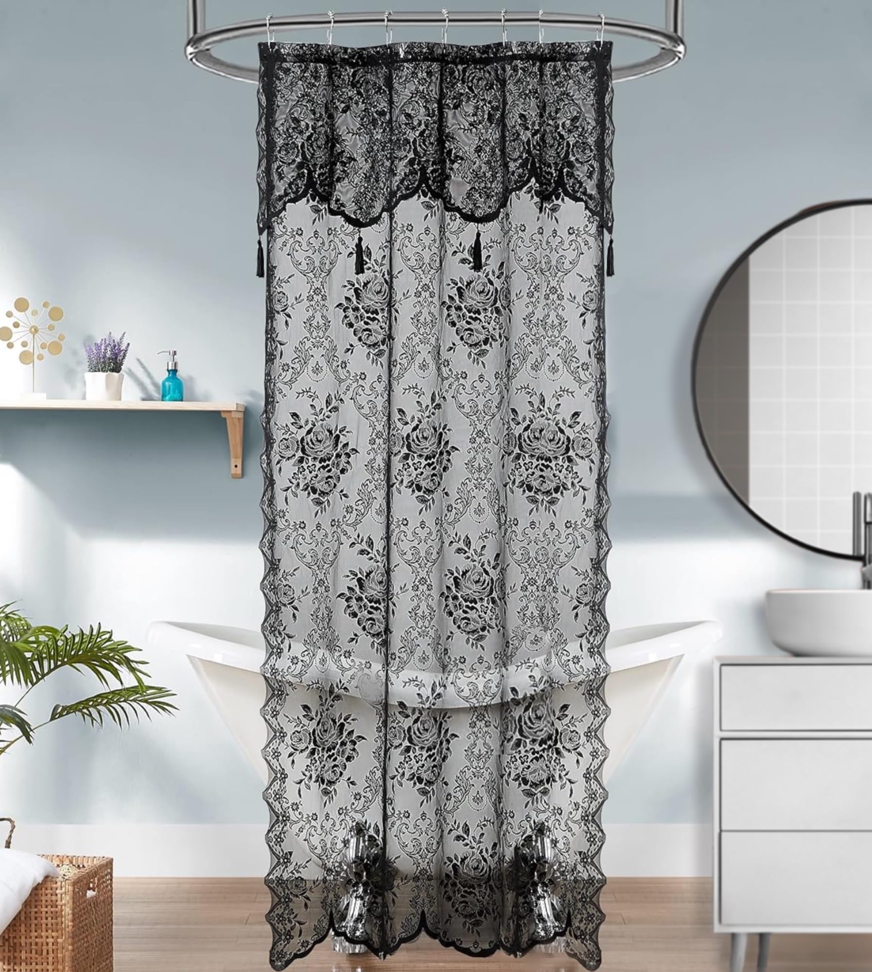 Luxury Lace Small Shower Curtain - Lace Shower Curtain with Attached Valance & Tassels