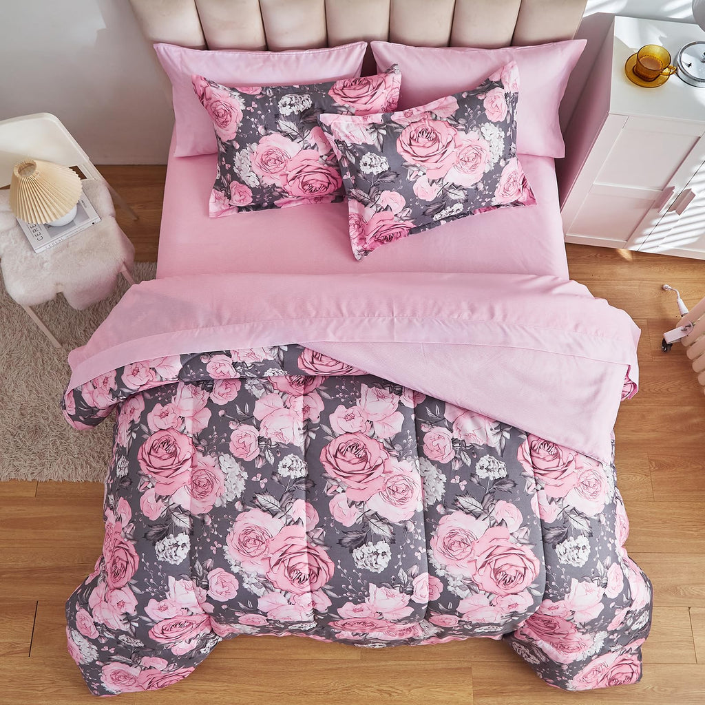 Flower Comforter Sheet Set White Bed in a Bag 7 Pieces Size Pink Floral Microfiber Bedding Set (1 Comforter 2 Pillow Shams 1 Flat Sheet 1 Fitted Sheet 2 Pillowcases)