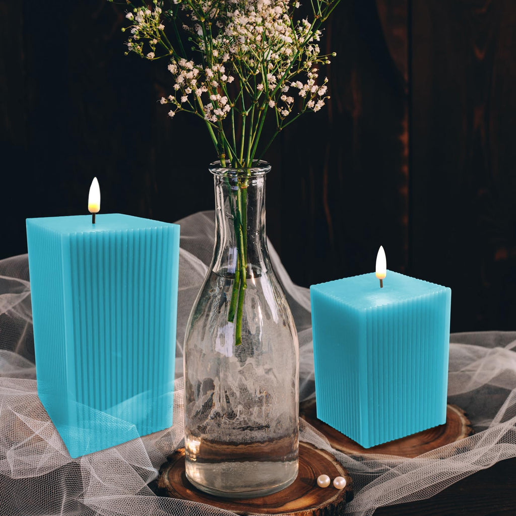 Square Ribbed Flameless Candles with Remote, Flickering Real Wax Battery LED Candles 3" H 4" 6"
