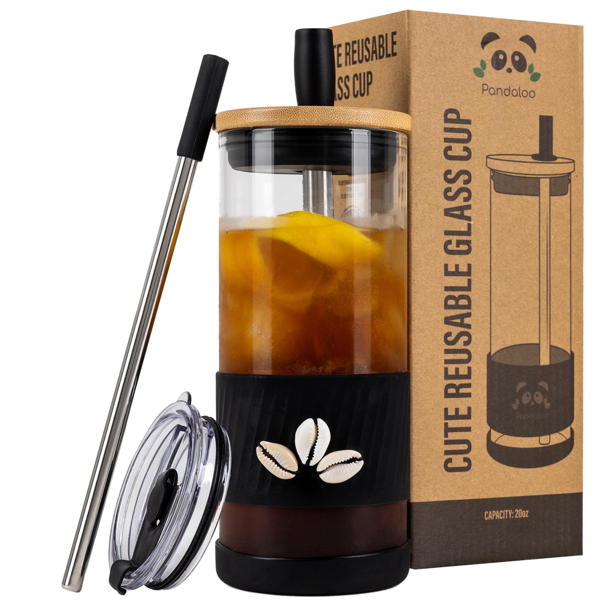 Pandaloo® Glass Cups With Lids and Straws -20 Fl Oz- Perfect Size Iced Coffee Cup - Smoothie Cup With Bamboo Lid and On the go Lid - Glass Tumbler With Straw