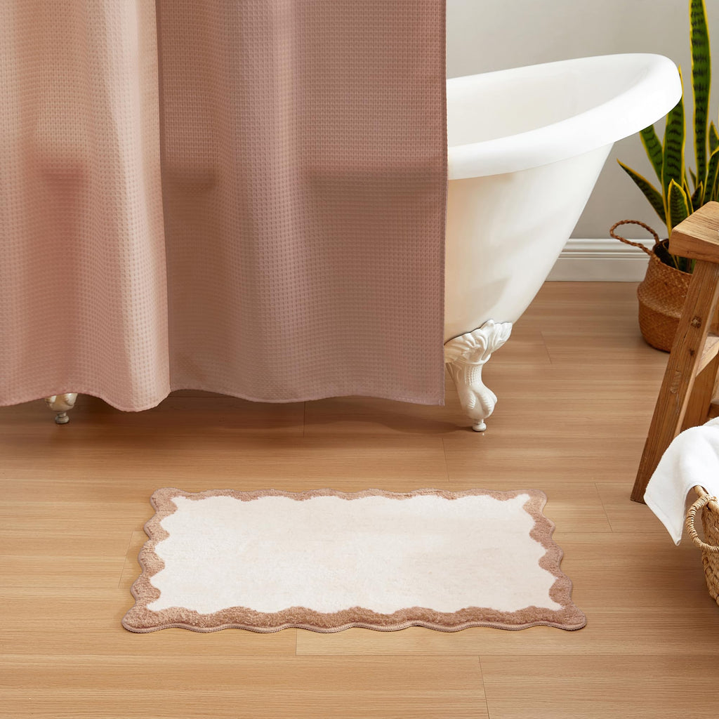 Wavy Bath Mat with Scalloped Ripple Design, Microfiber Absorbent Non Slip Tufted Rug
