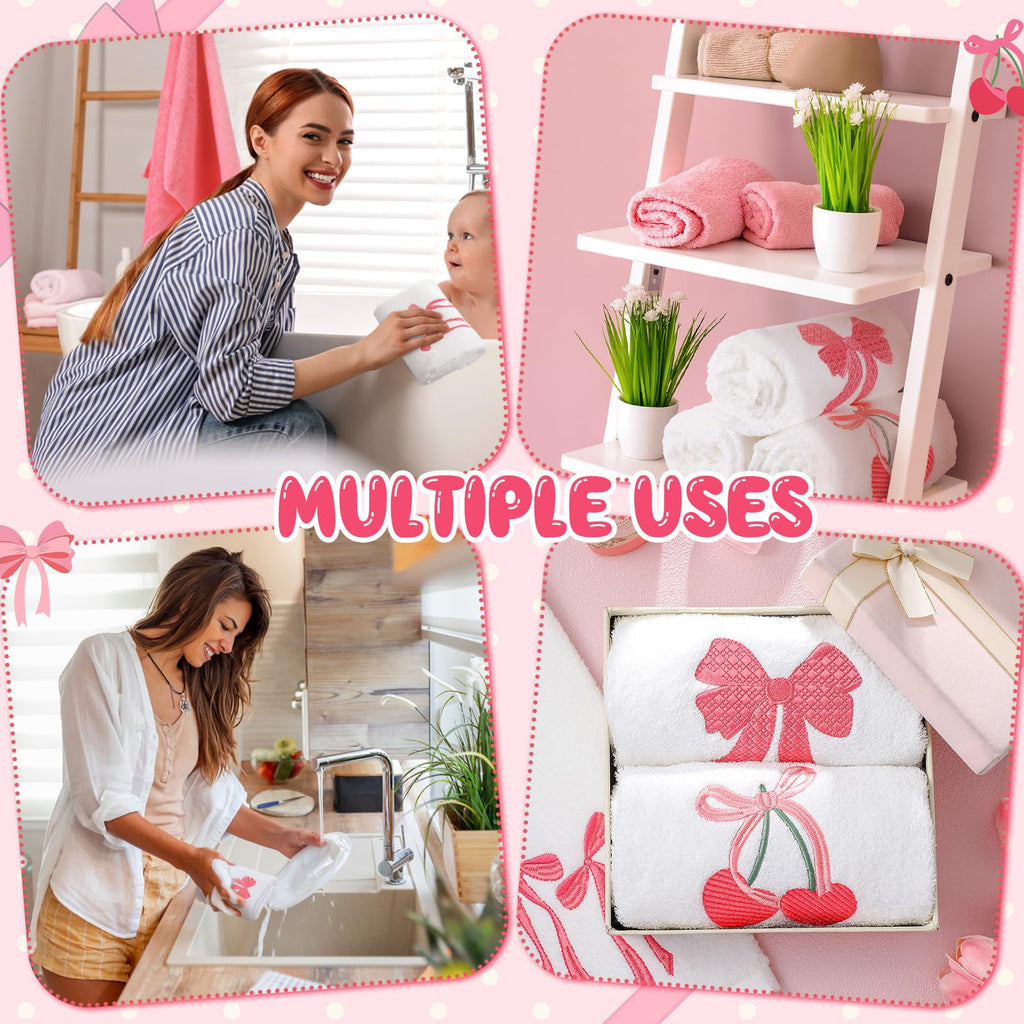 Coquette Bow Embroidered Decorative Towel 100% Cotton Soft Absorbent Kitchen Facecloth Preppy Bathroom Decor 3 Pcs, 13.7 x 29.5''